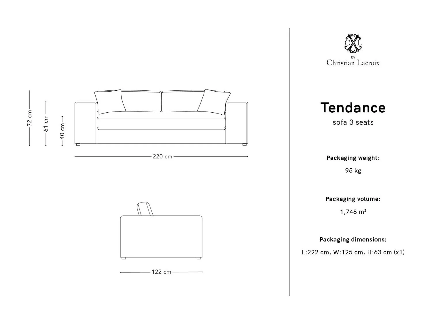 CXL by Christian Lacroix - Canapé "Tendance" 3 places en velours noir - 220x122x72cm