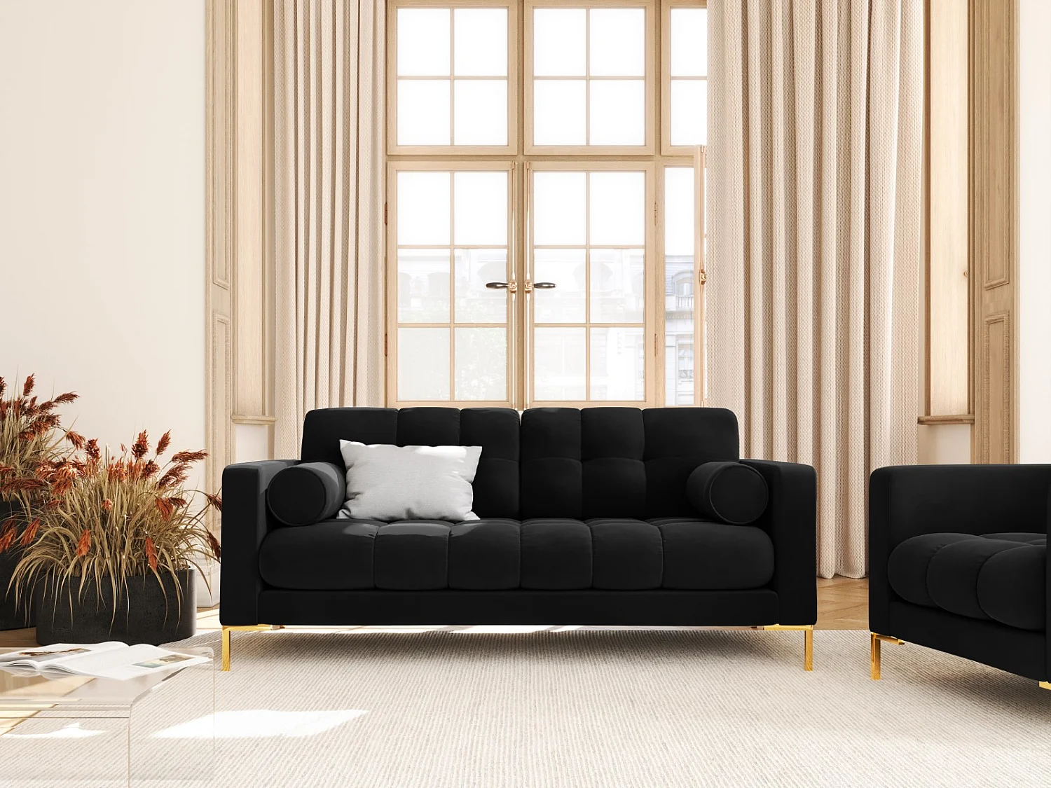 Cosmopolitan Design - 2-Sitzer Sofa "Bali" aus Samt schwarz - 152x92x75cm