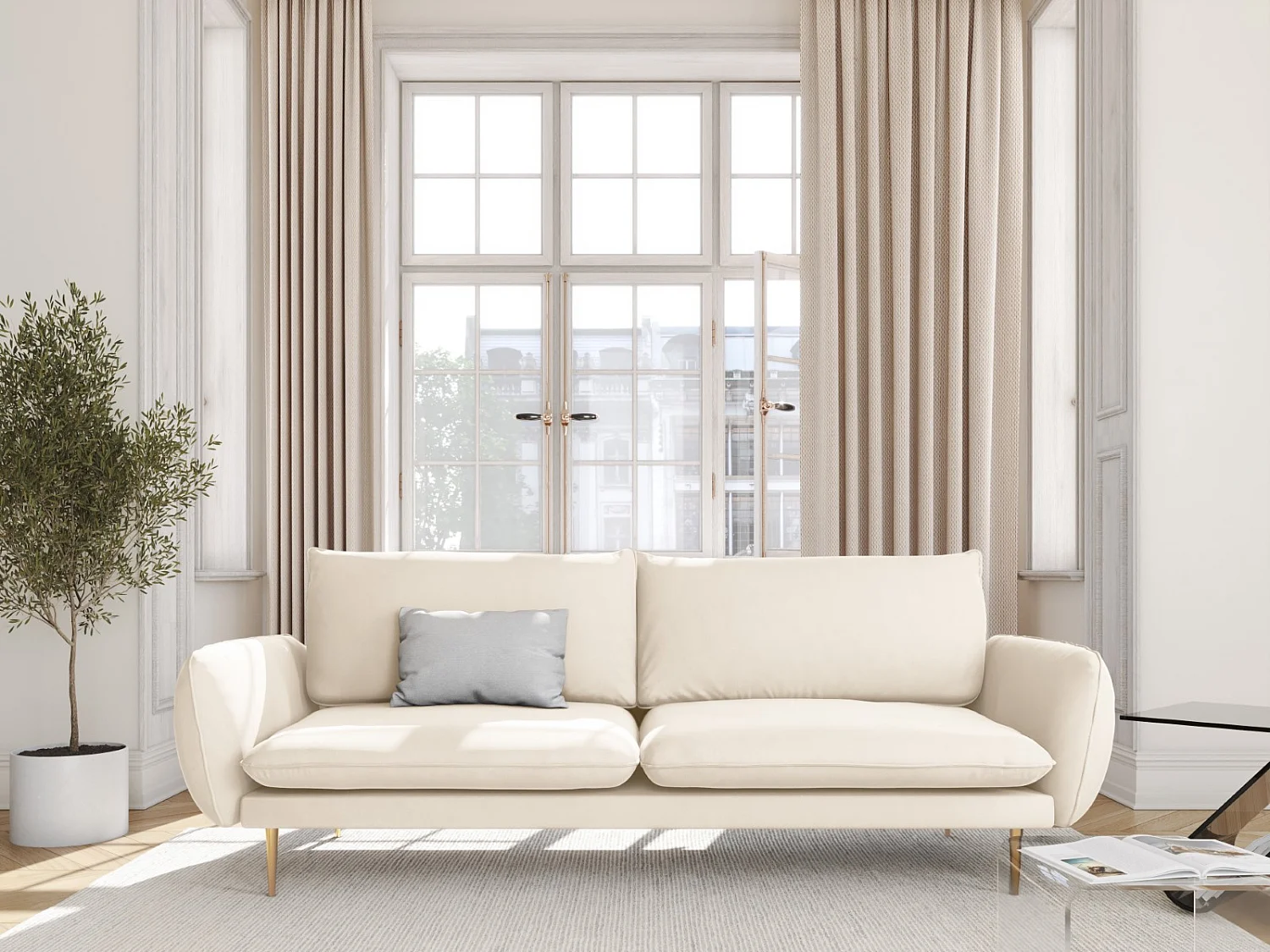 Cosmopolitan Design - Canapé "Vienna" 4 places en velours beige clair - 230x92x95cm