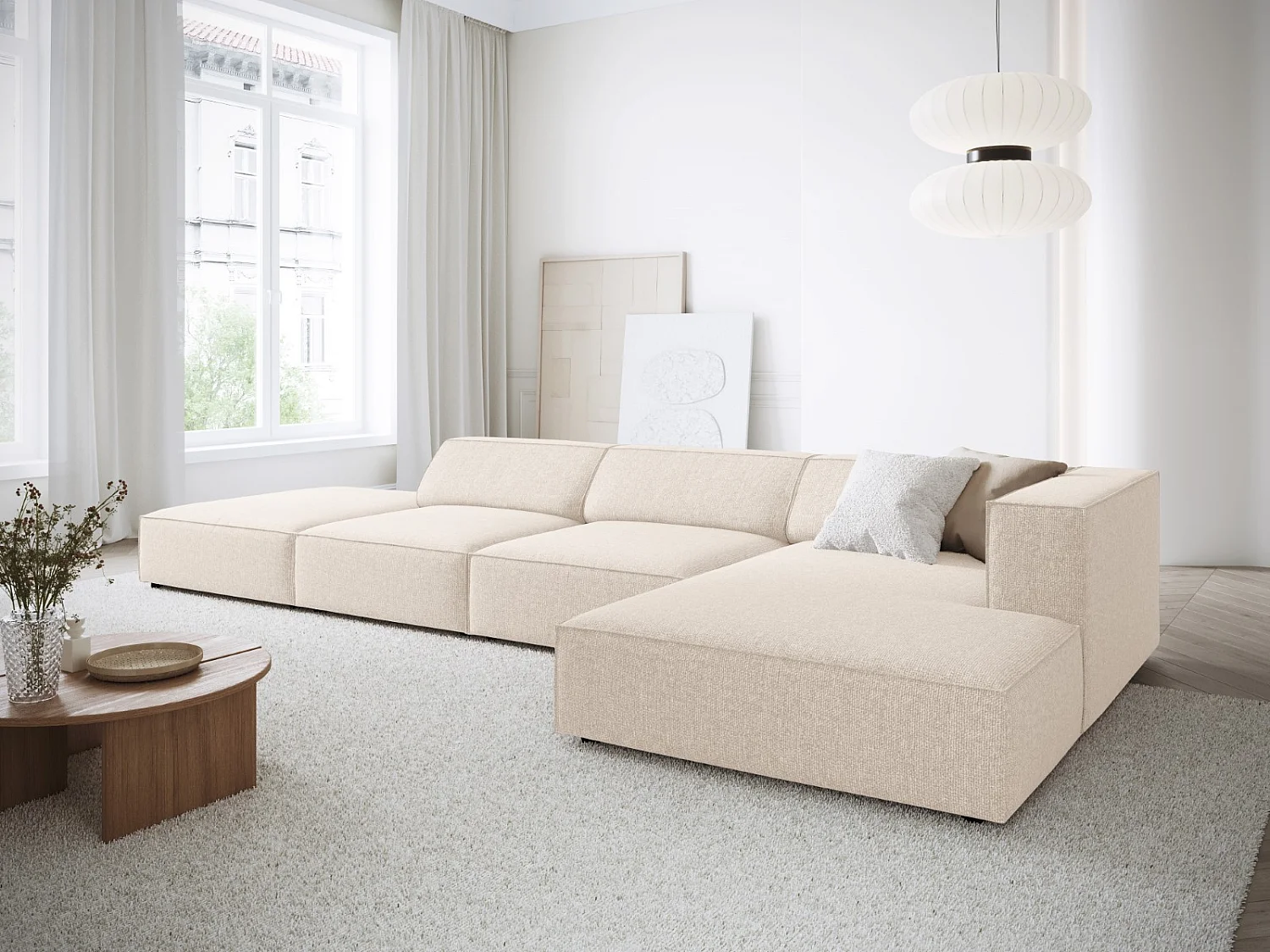 Cosmopolitan Design - 5-Sitzer Ecksofa rechts "Arendal" aus Chenille-Stoff leichtes beige - 341x166x70cm