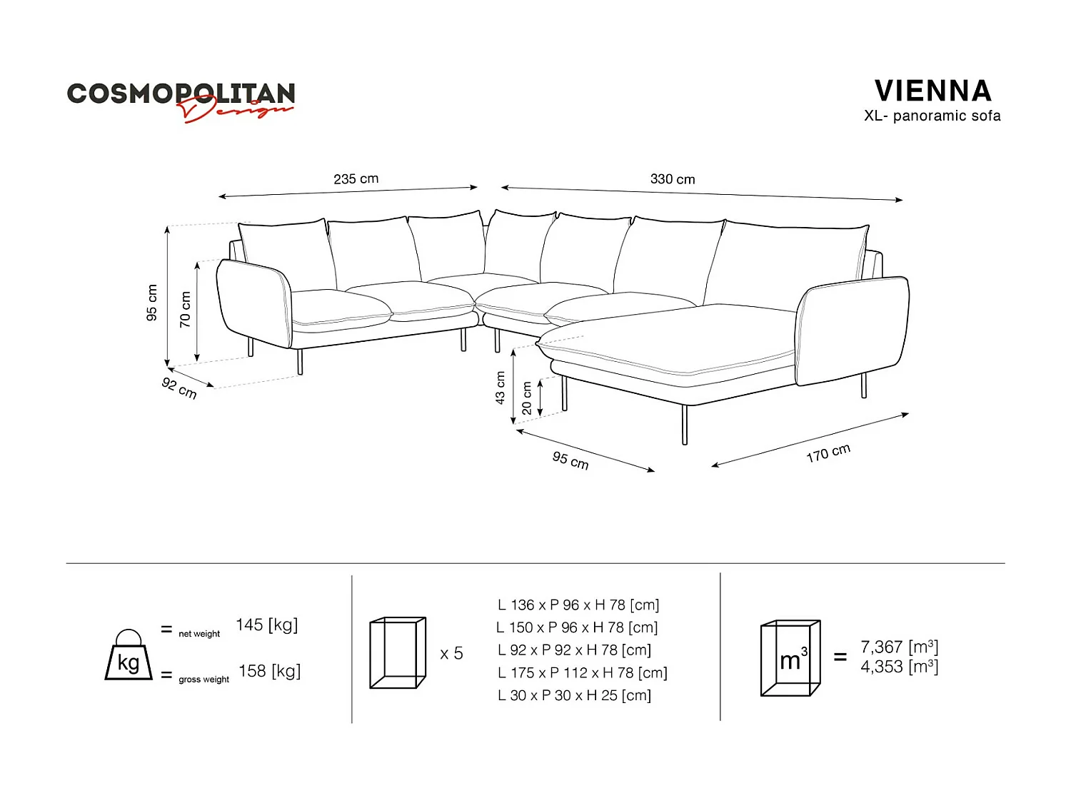 Cosmopolitan Design - Sofá de canto panorâmico à esquerda "Vienna" 7 lugares em veludo azul claro - 330x235x95cm