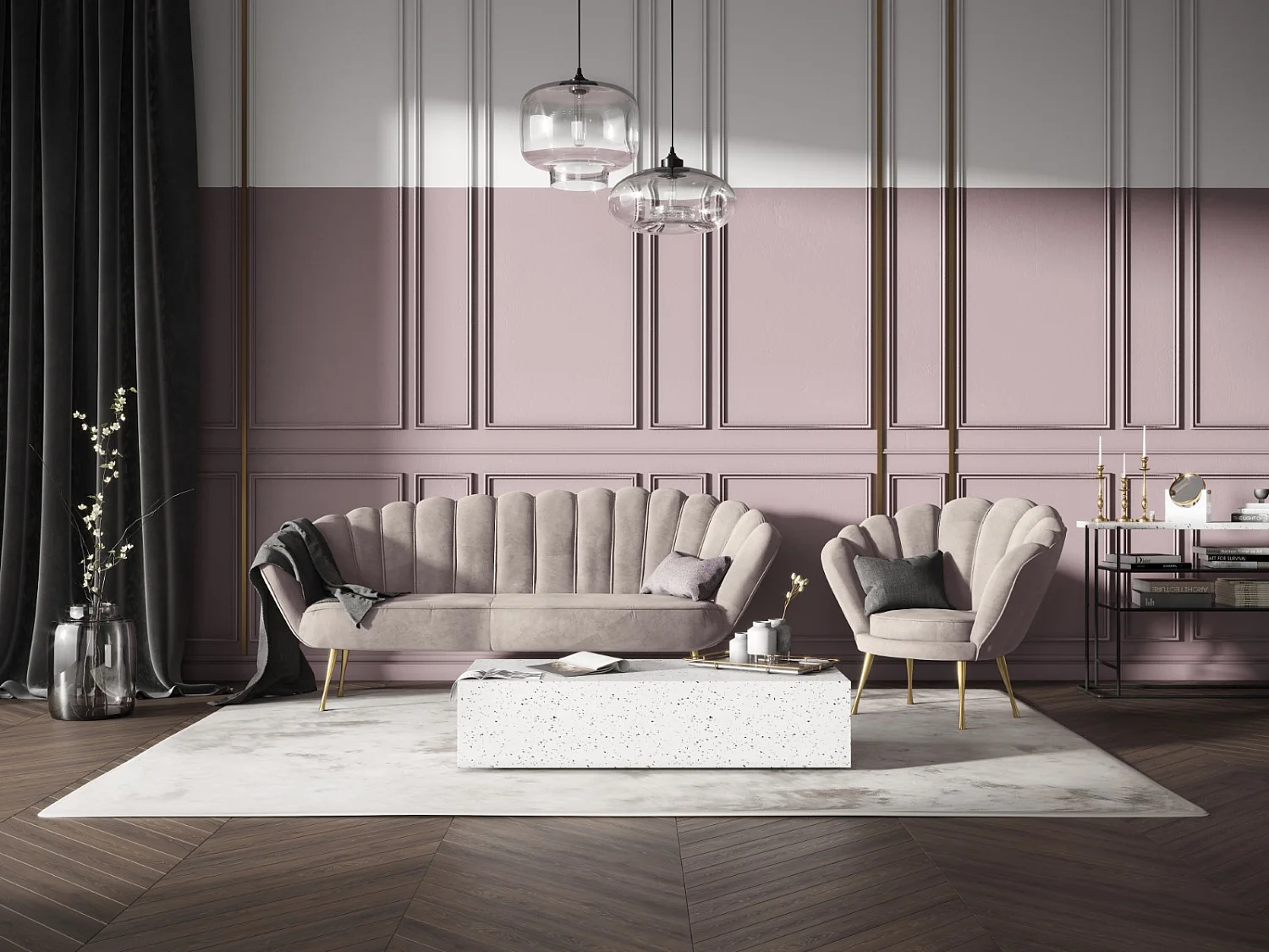 Cosmopolitan Design - Bank "Kingston" 3 zitplaatsen, Flueel, Lichtbeige - 224x95x85cm