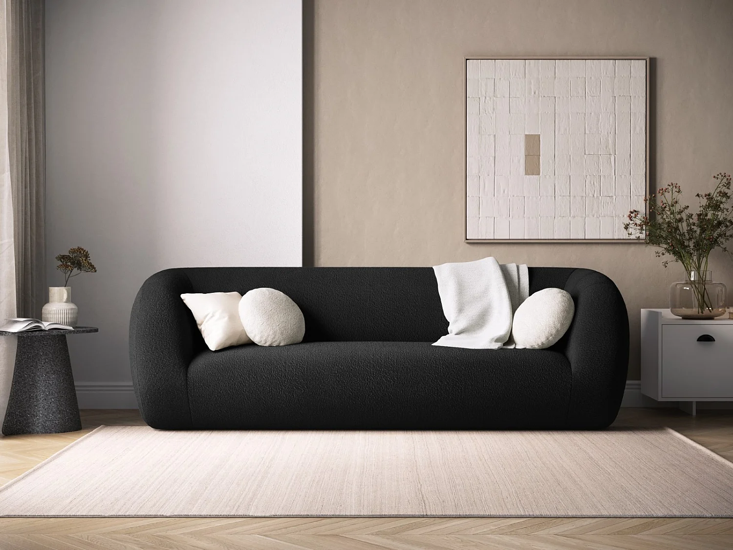 Cosmopolitan Design - 3-Sitzer Sofa "Essen" aus Boucle schwarz - 230x95x86cm