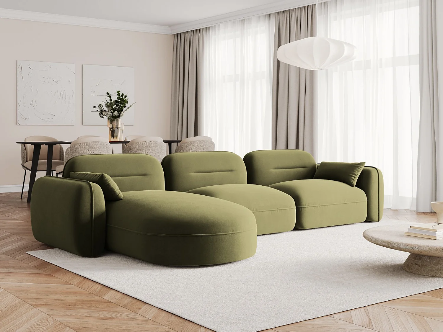 Cosmopolitan Design - Divano angolare modulare sinistro "Sydney" 4 posti in velluto verde chiaro - 320x165x70cm