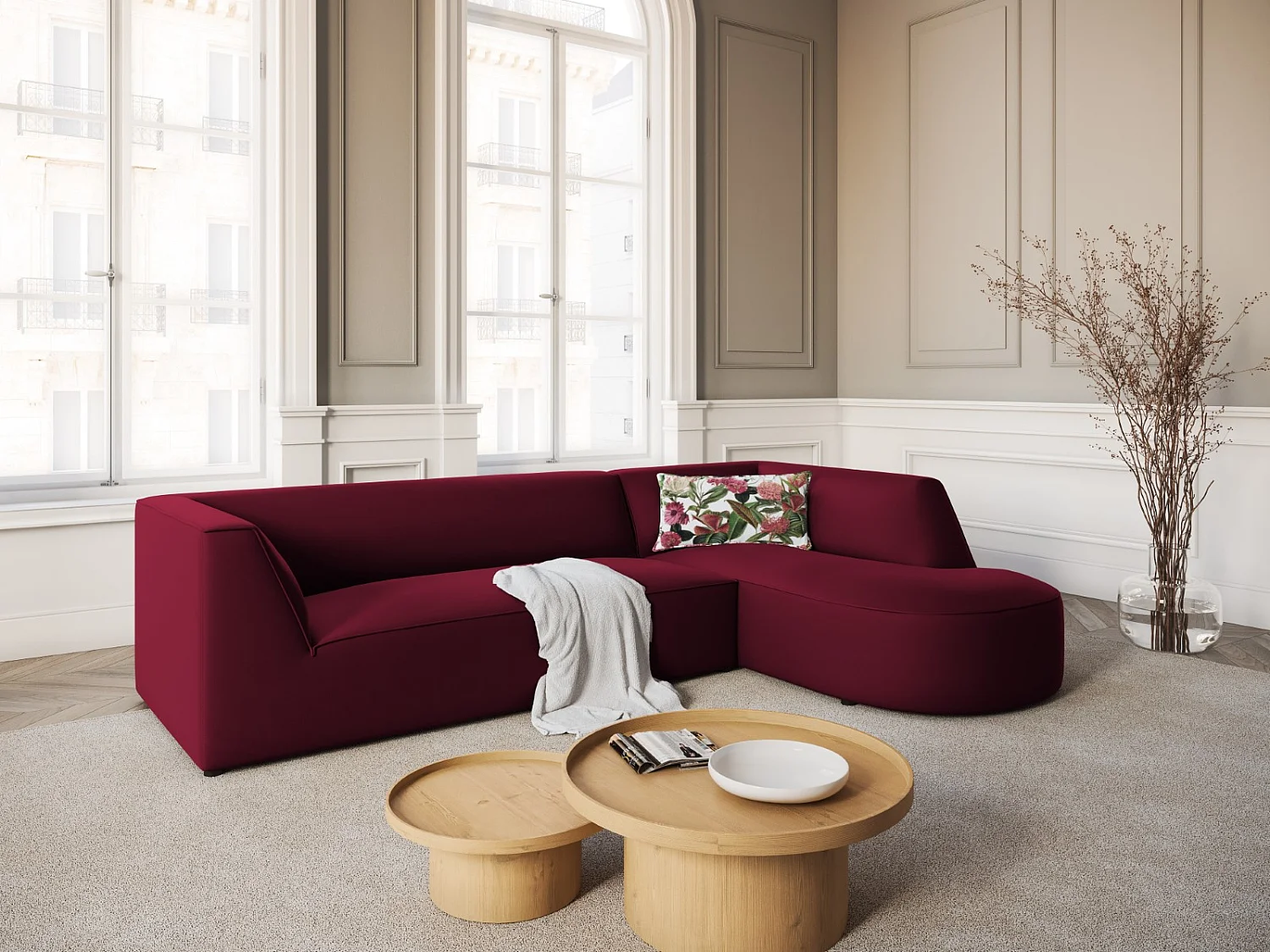 CXL by Christian Lacroix - Canapé d'angle droit "Charles" 4 places en velours rouge - 273x180x69cm