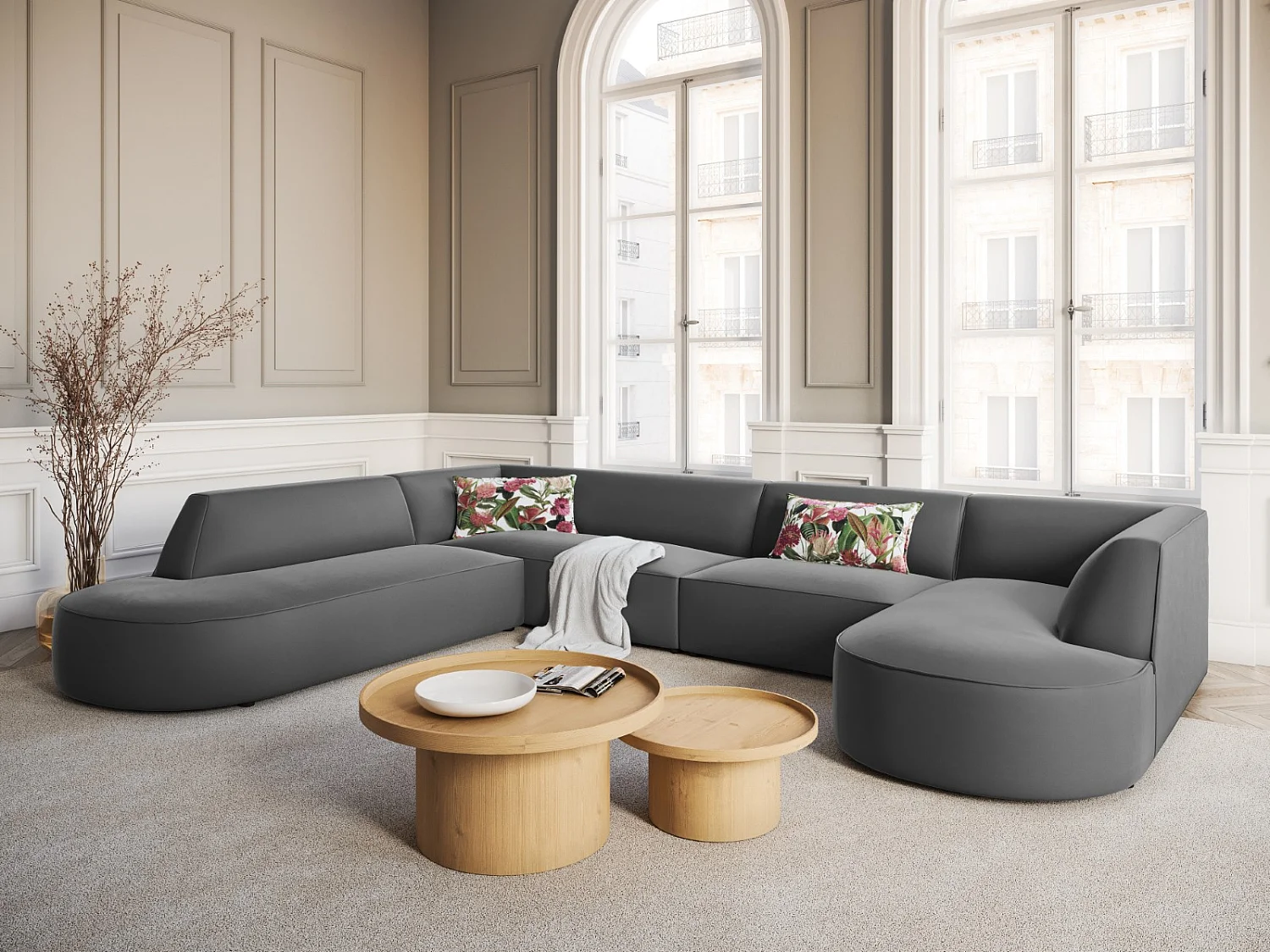 CXL by Christian Lacroix - Sofá de canto panorâmico à esquerda "Charles" 7 lugares em veludo cinza escuro - 366x273x69cm