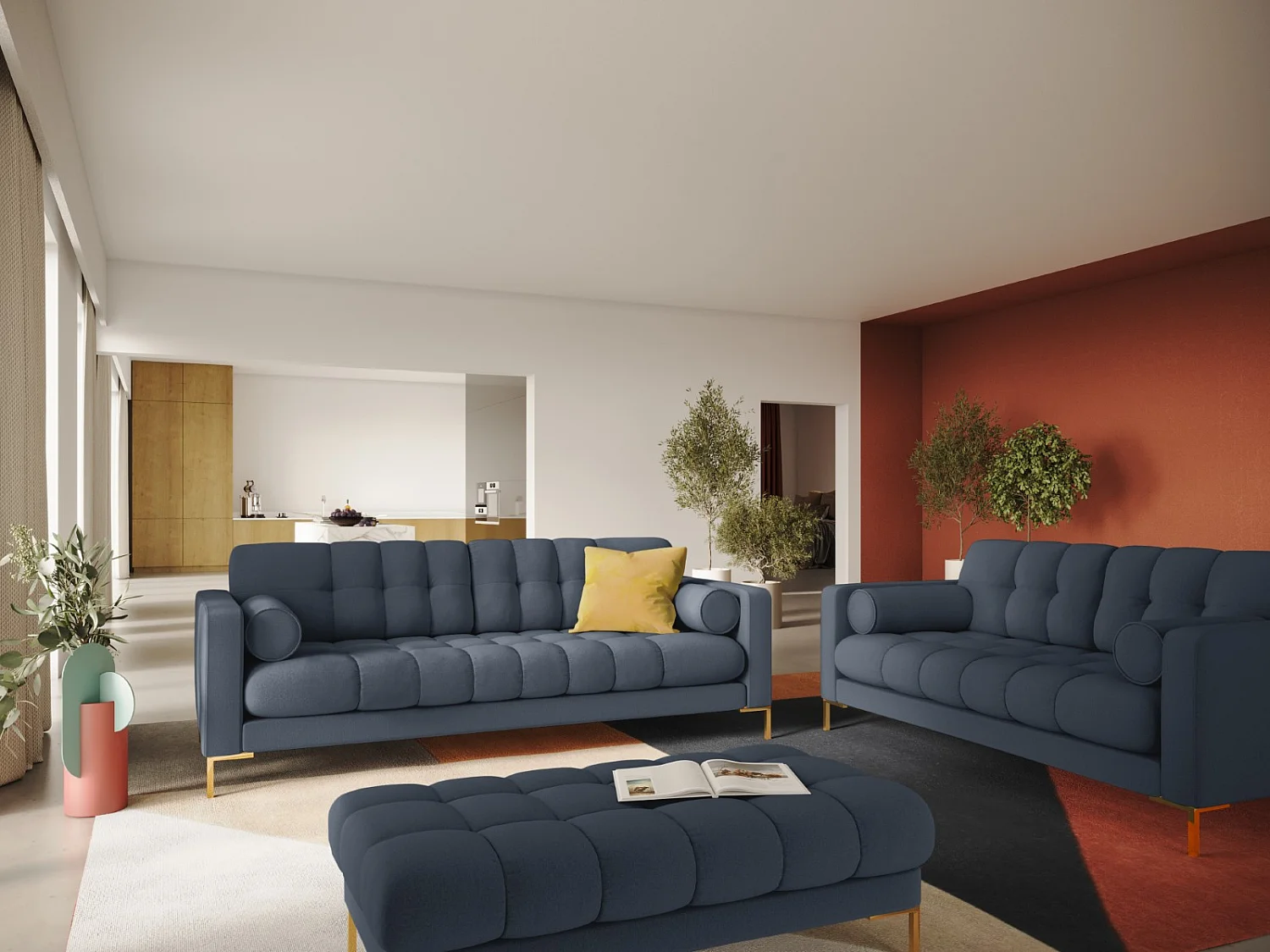 Cosmopolitan Design - 3-Sitzer Sofa "Bali" aus strukturiertem Stoff dunkelblau - 177x92x75cm