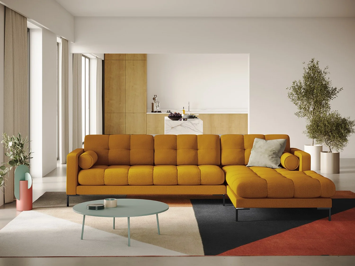 Cosmopolitan Design - Narożnik prawy, "Bali" 5 miejsc tkanina strukturalna, żółty - 293x185x75cm