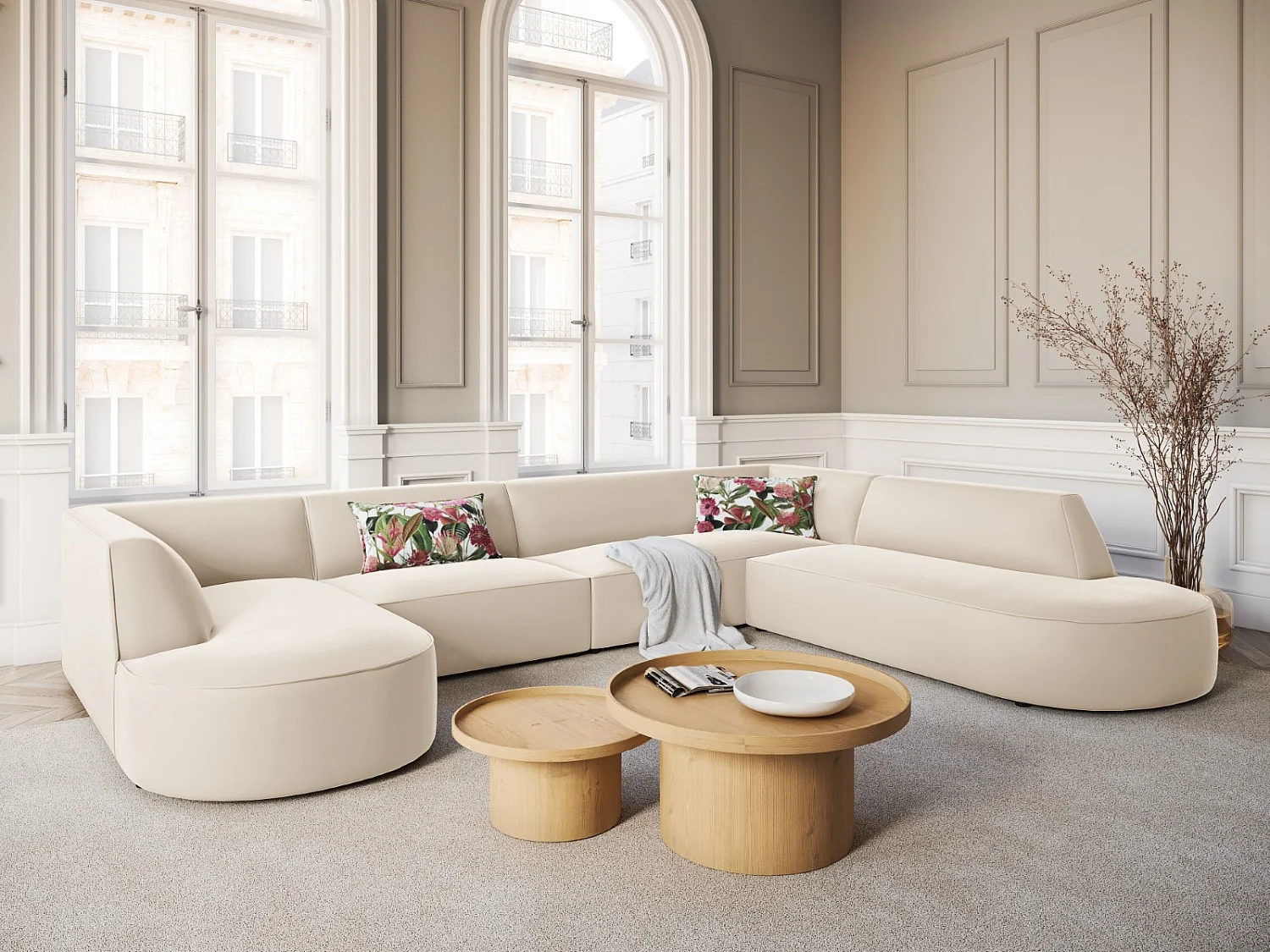 CXL by Christian Lacroix - Canapé d'angle droit panoramique "Charles" 7 places en velours beige - 366x273x69cm