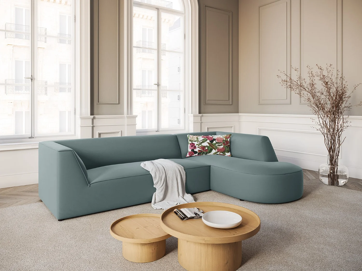 CXL by Christian Lacroix - Canapé d'angle droit "Charles" 4 places en velours menthe - 273x180x69cm