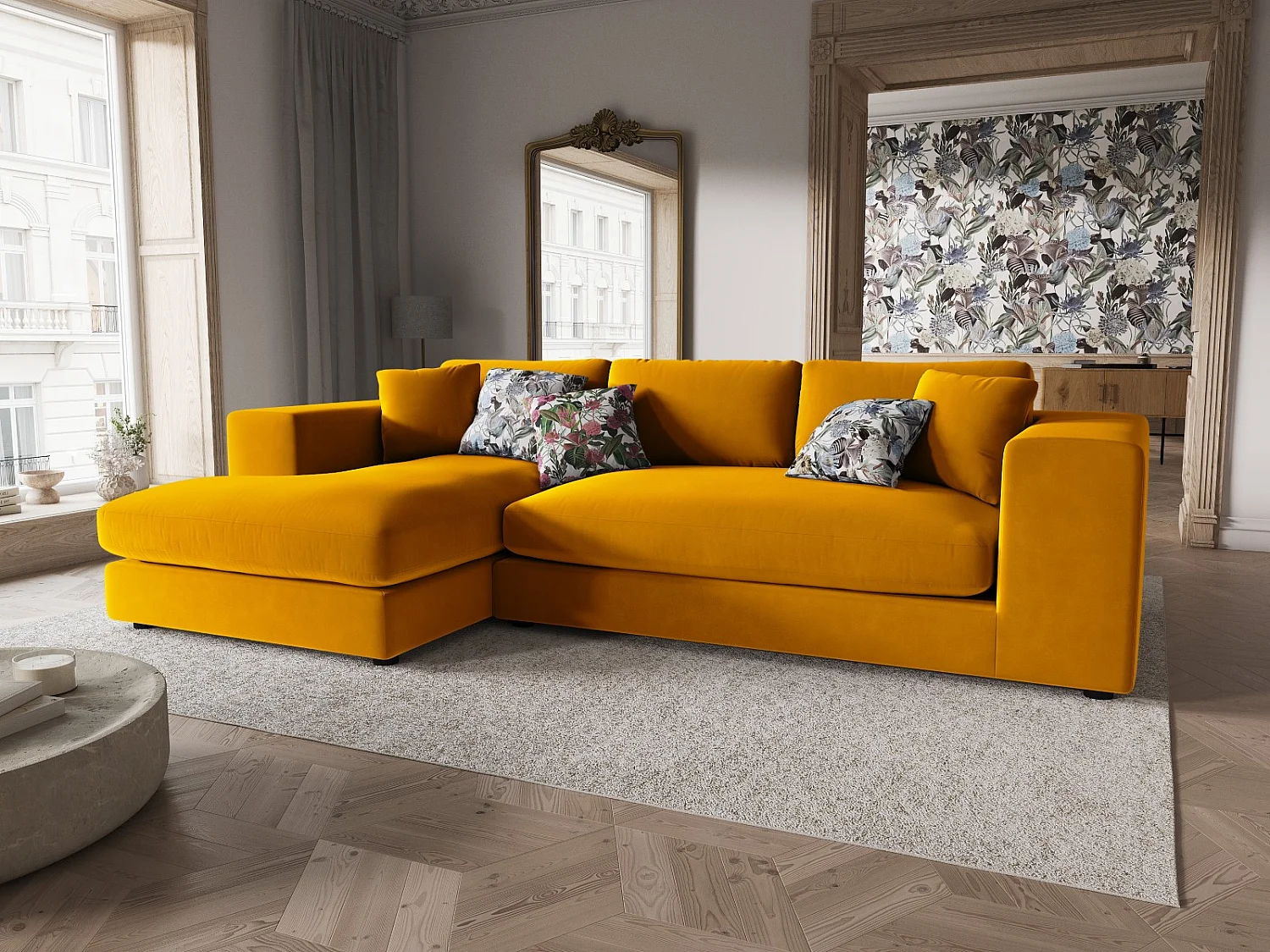 CXL by Christian Lacroix - 5-Sitzer Ecksofa links "Tendance" Sitzer aus Samt gold - 282x174x72cm