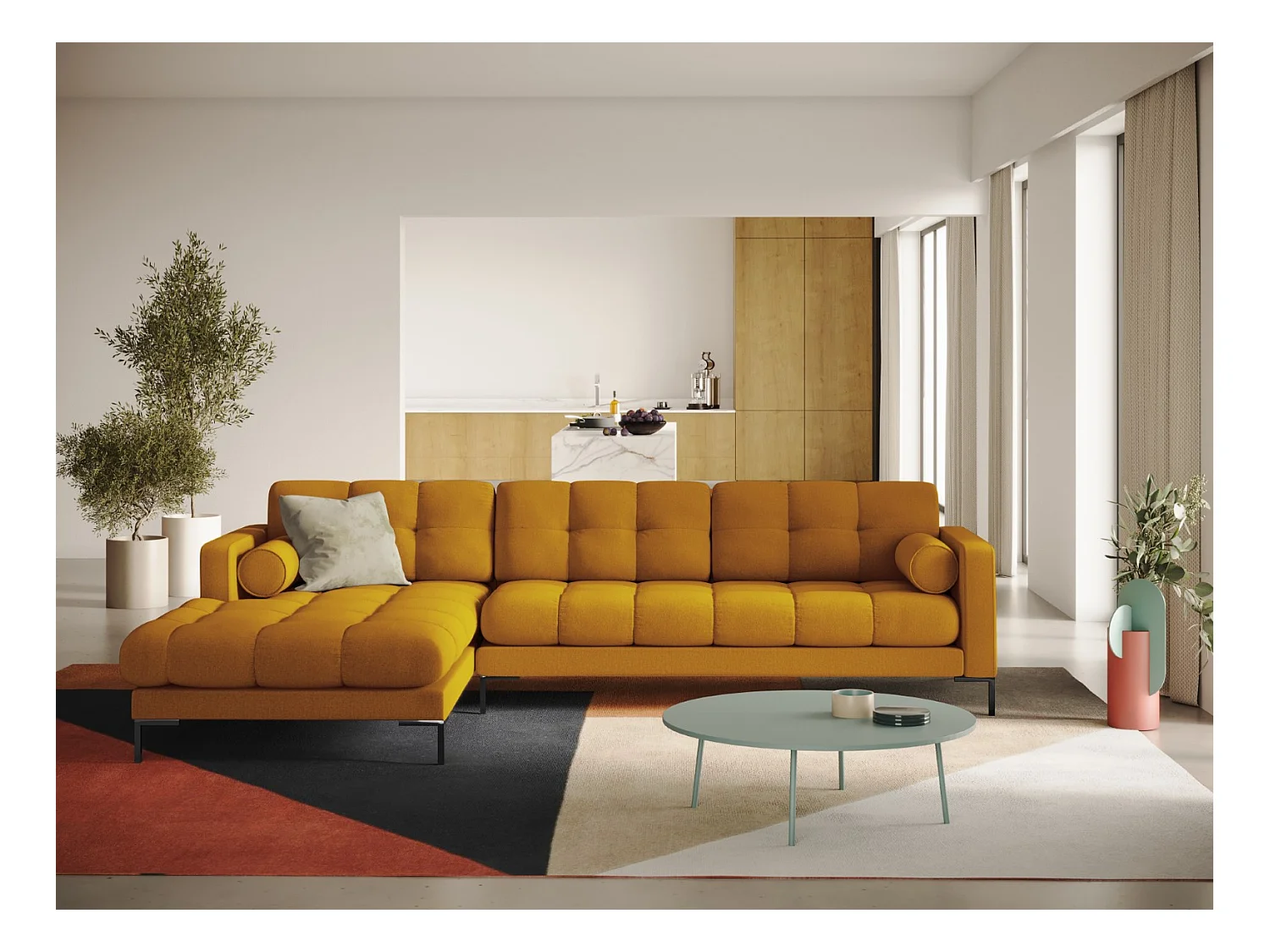 Cosmopolitan Design - Canapé d'angle gauche "Bali" 5 places en tissu structurel jaune - 293x185x75cm