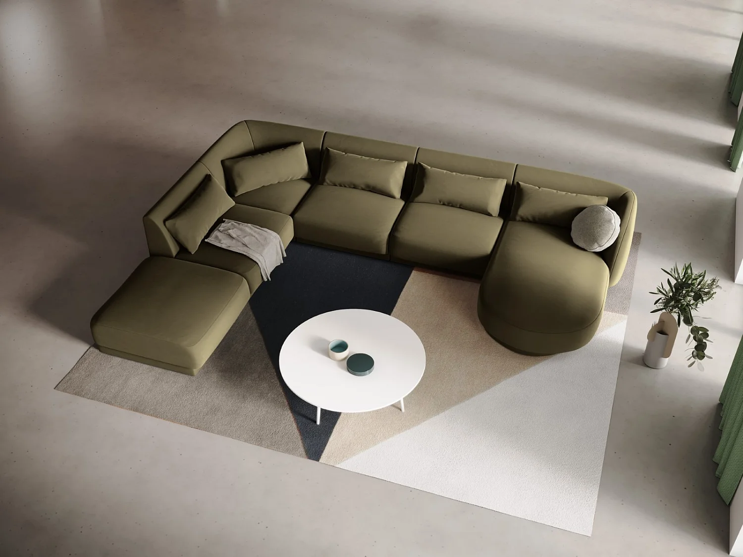 Cosmopolitan Design - Sofá esquinero panorámico izquierdo "Tulum" 6 plazas de terciopelo verde - 330x255x70cm