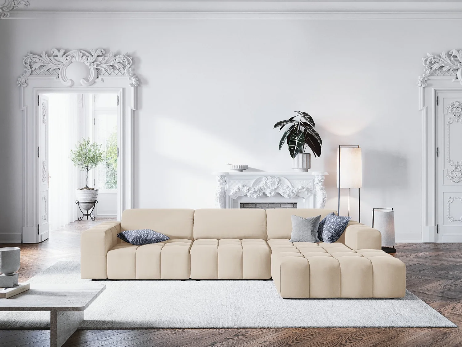 CXL by Christian Lacroix - Canapé d'angle droit "Luc" 4 places en velours beige clair - 284x166x70cm