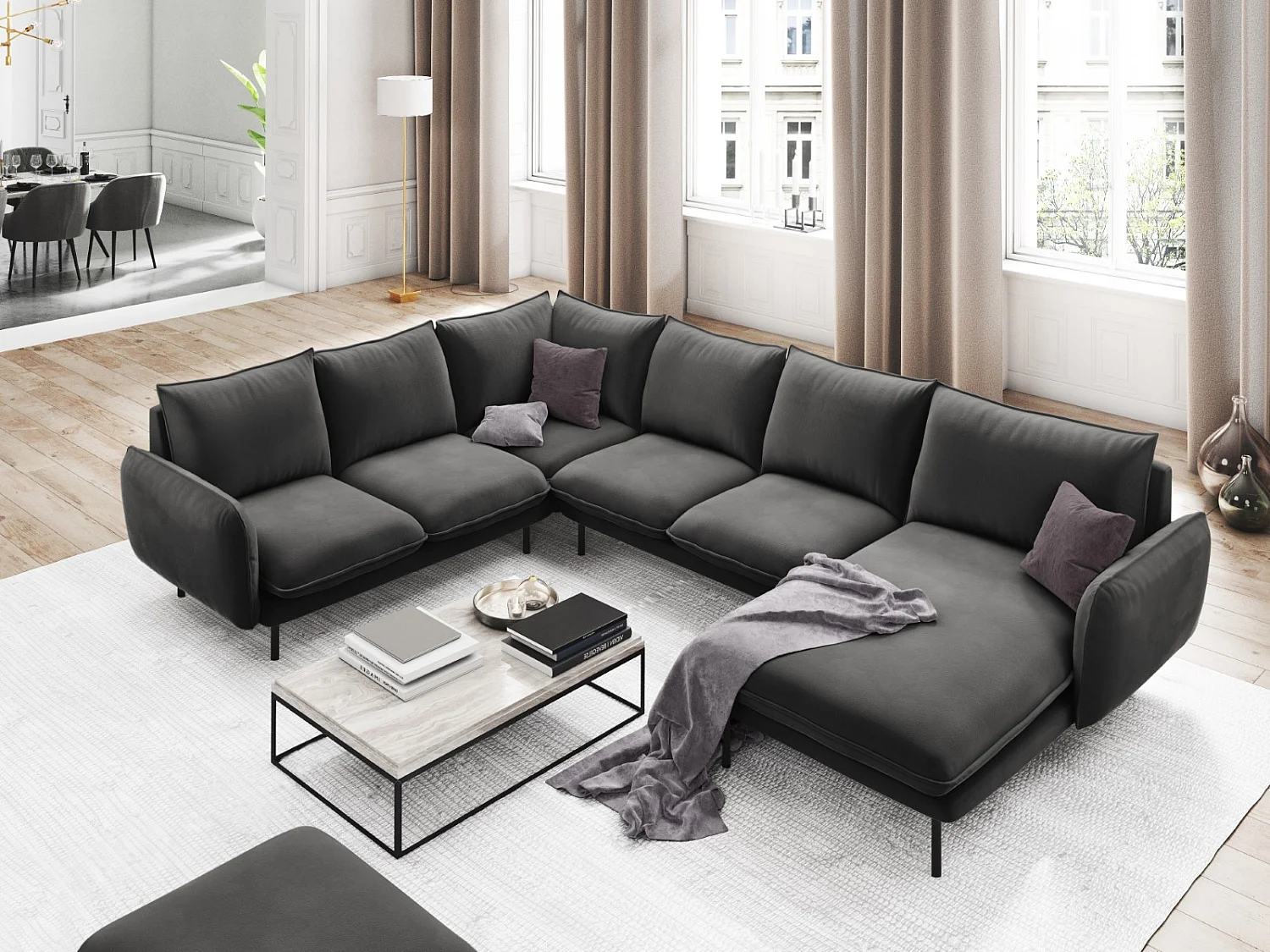 Cosmopolitan Design - Divano panoramico sinistro "Vienna" 7 posti in velluto grigio - 330x235x95cm