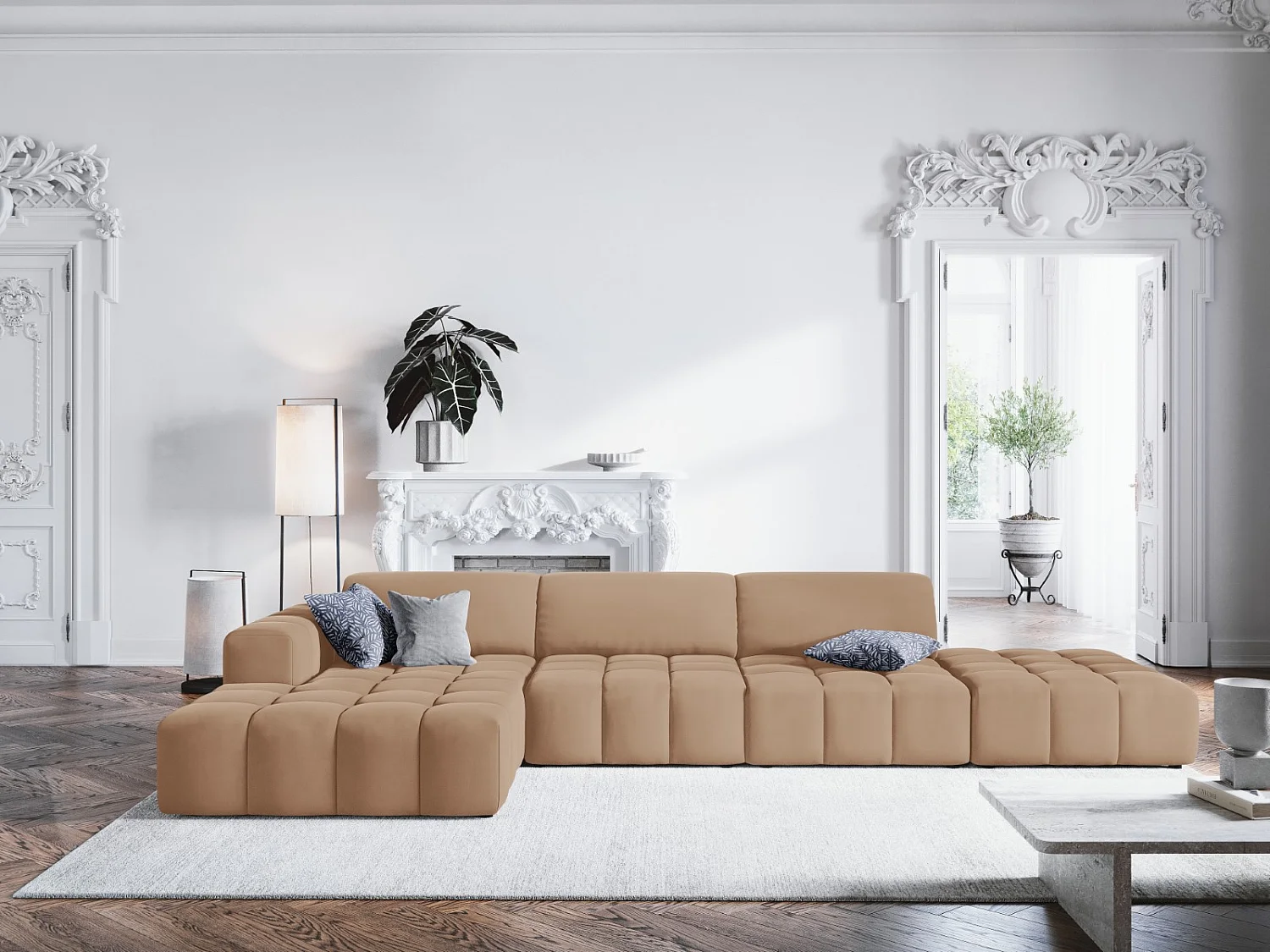 CXL by Christian Lacroix - Linker hoekbank "Luc" 5 zitplaatsen, Flueel, Donkerbeige - 341x166x70cm