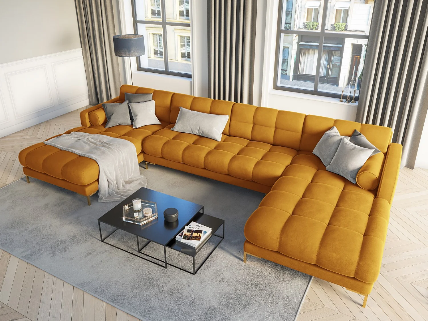 Cosmopolitan Design - Sofá panorâmico "Bali" 7 lugares em veludo amarelo - 383x185x75cm