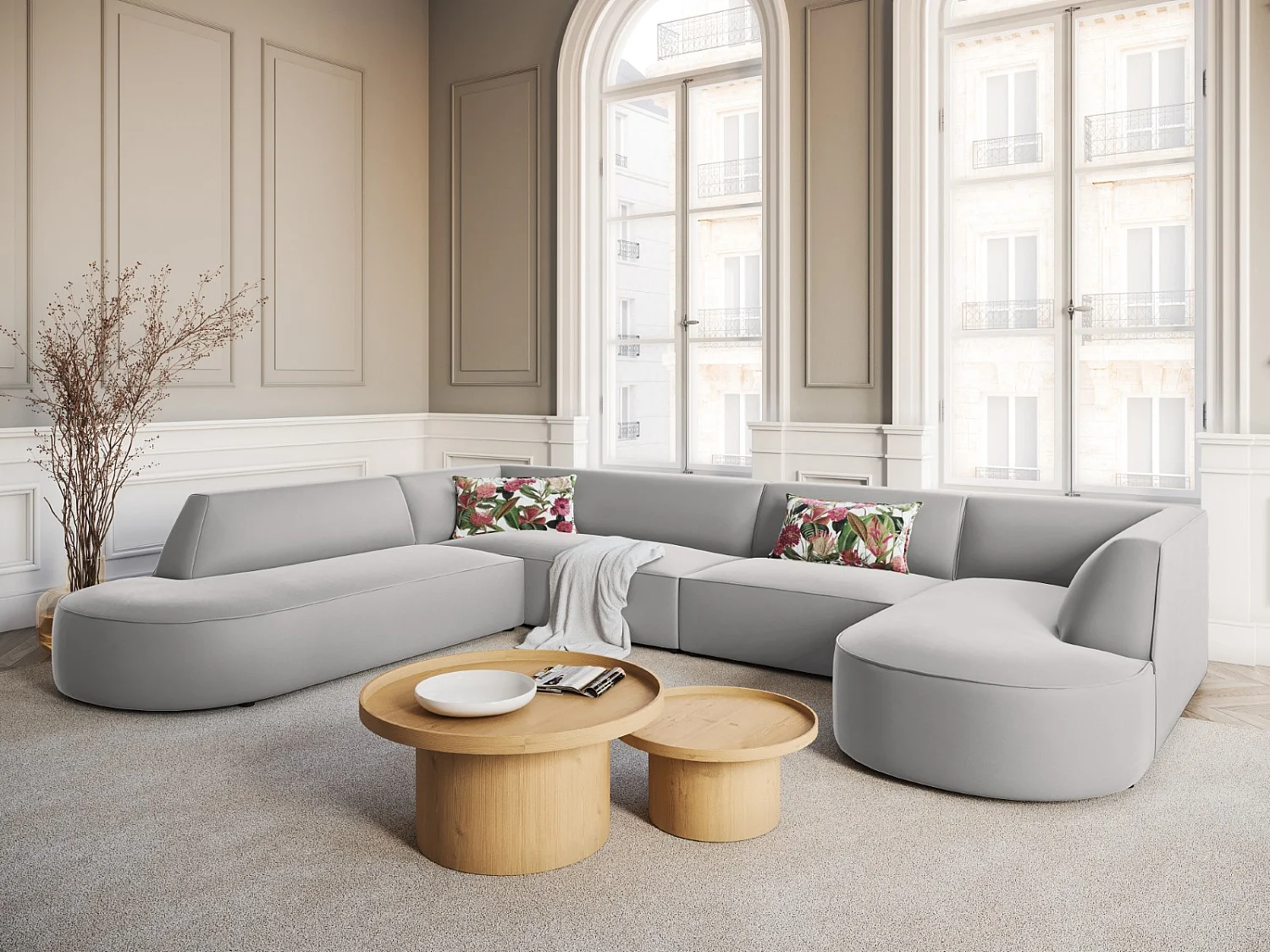 CXL by Christian Lacroix - Canapé d'angle gauche panoramique "Charles" 7 places en velours gris clair - 366x273x69cm