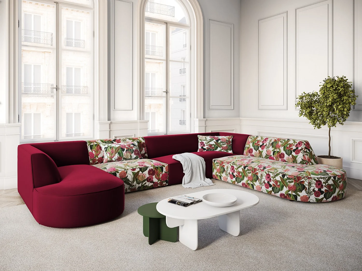 CXL by Christian Lacroix - 7-Sitzer Panoramasofa rechts "Charles" Sitzer aus Samt rosengarten-motiv - 366x273x69cm