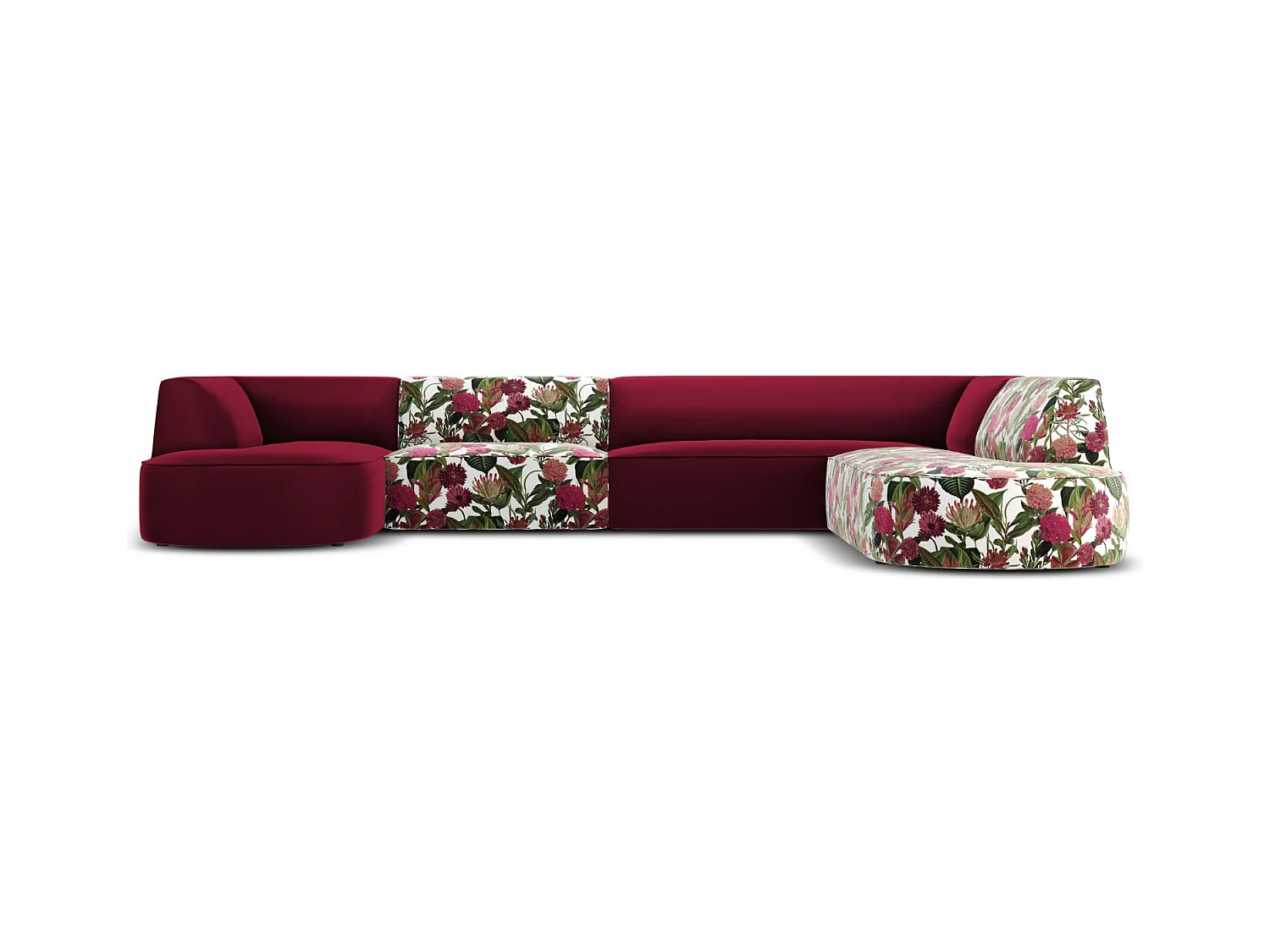 CXL by Christian Lacroix - Canapé d'angle droit panoramique "Charles" 7 places en velours motif de rose de jardin,rouge - 366x273x69cm