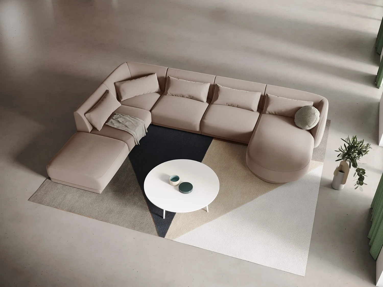 Cosmopolitan Design - Panoramische hoekbank links "Tulum" 6 zitplaatsen, Flueel, Beige - 330x255x70cm