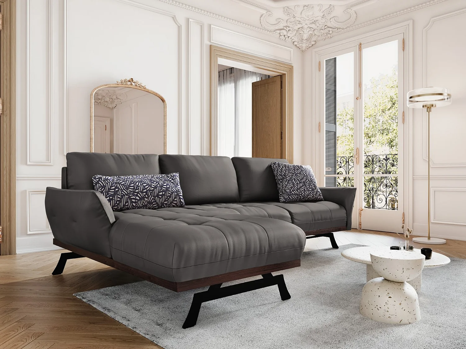 CXL by Christian Lacroix - Narożnik lewy panoramiczny, "Olivier" 4 miejsca skóra naturalna, szary ciemny - 264x171x87cm