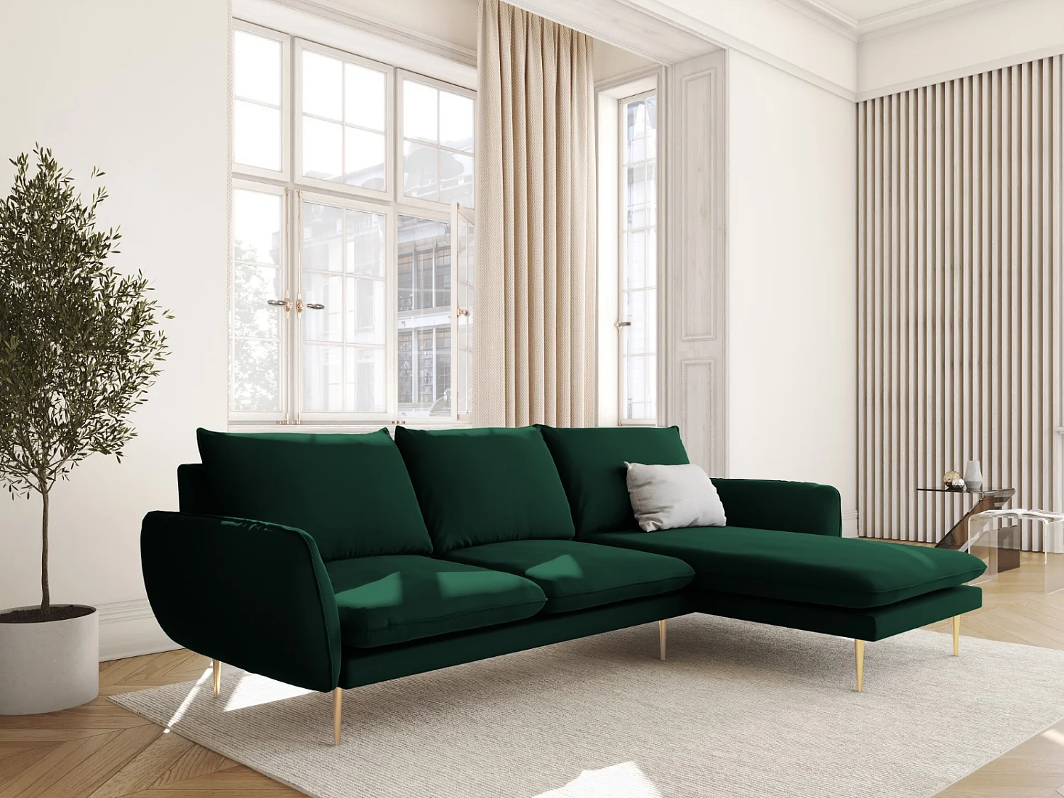 Cosmopolitan Design - Divano angolare destro "Vienna" 5 posti in velluto verde bottiglia - 255x170x95cm