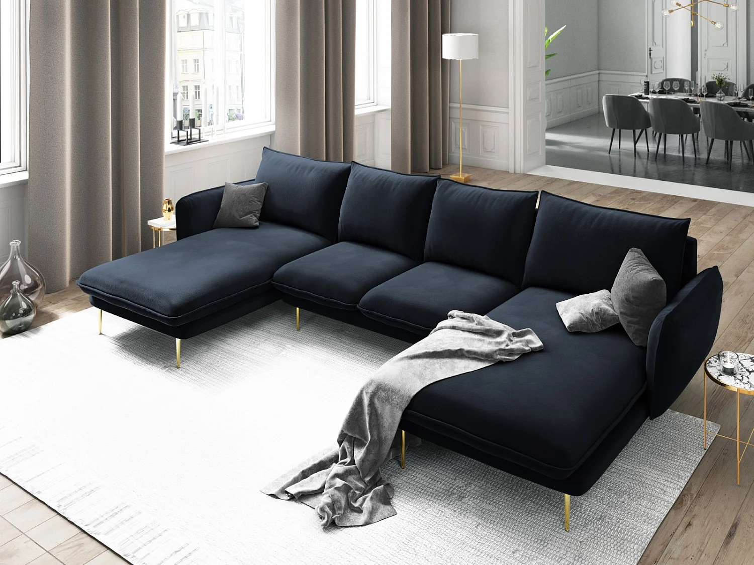 Cosmopolitan Design - 6-Sitzer Panoramasofa "Vienna" aus Samt dunkelblau - 350x170x95cm