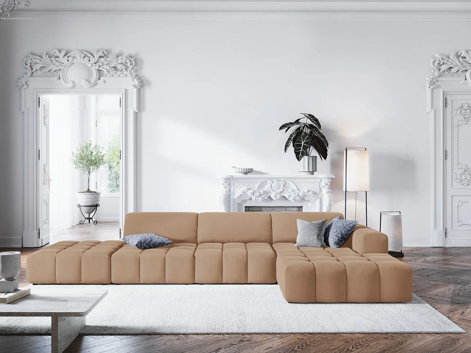 CXL by Christian Lacroix - 5-Sitzer Ecksofa rechts "Luc" Sitzer aus Samt dunkelbeige - 341x166x70cm