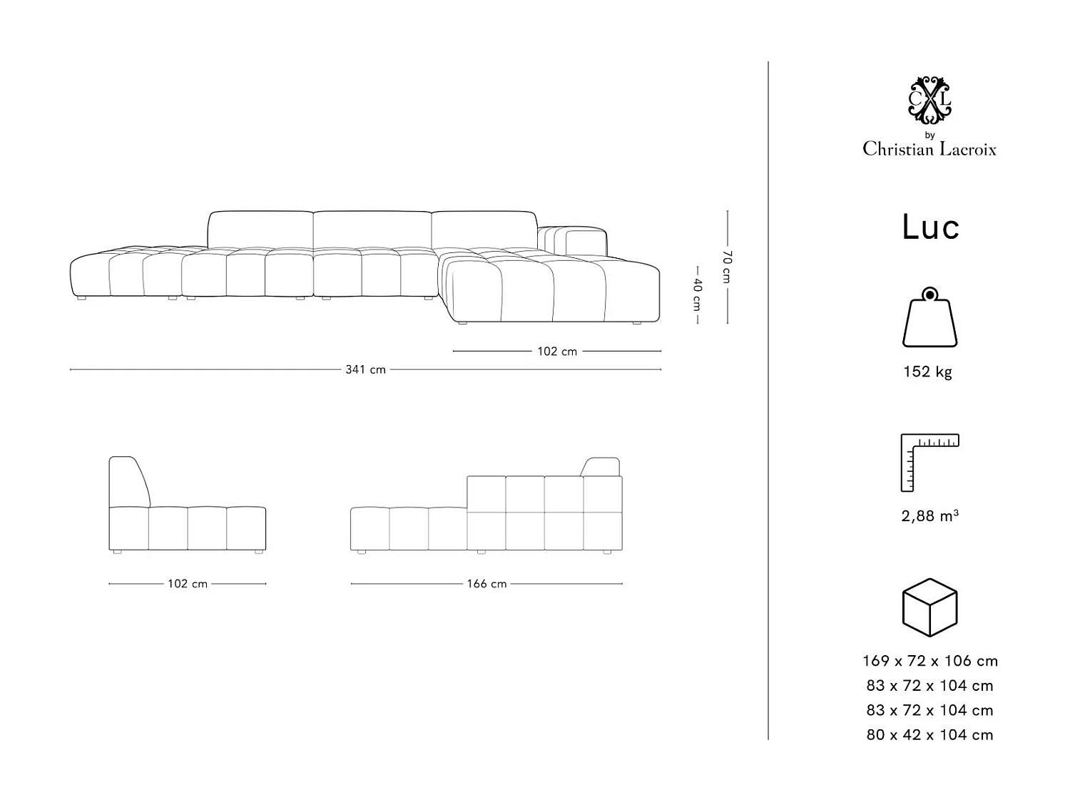 CXL by Christian Lacroix - 5-Sitzer Ecksofa rechts "Luc" Sitzer aus Samt dunkelbeige - 341x166x70cm