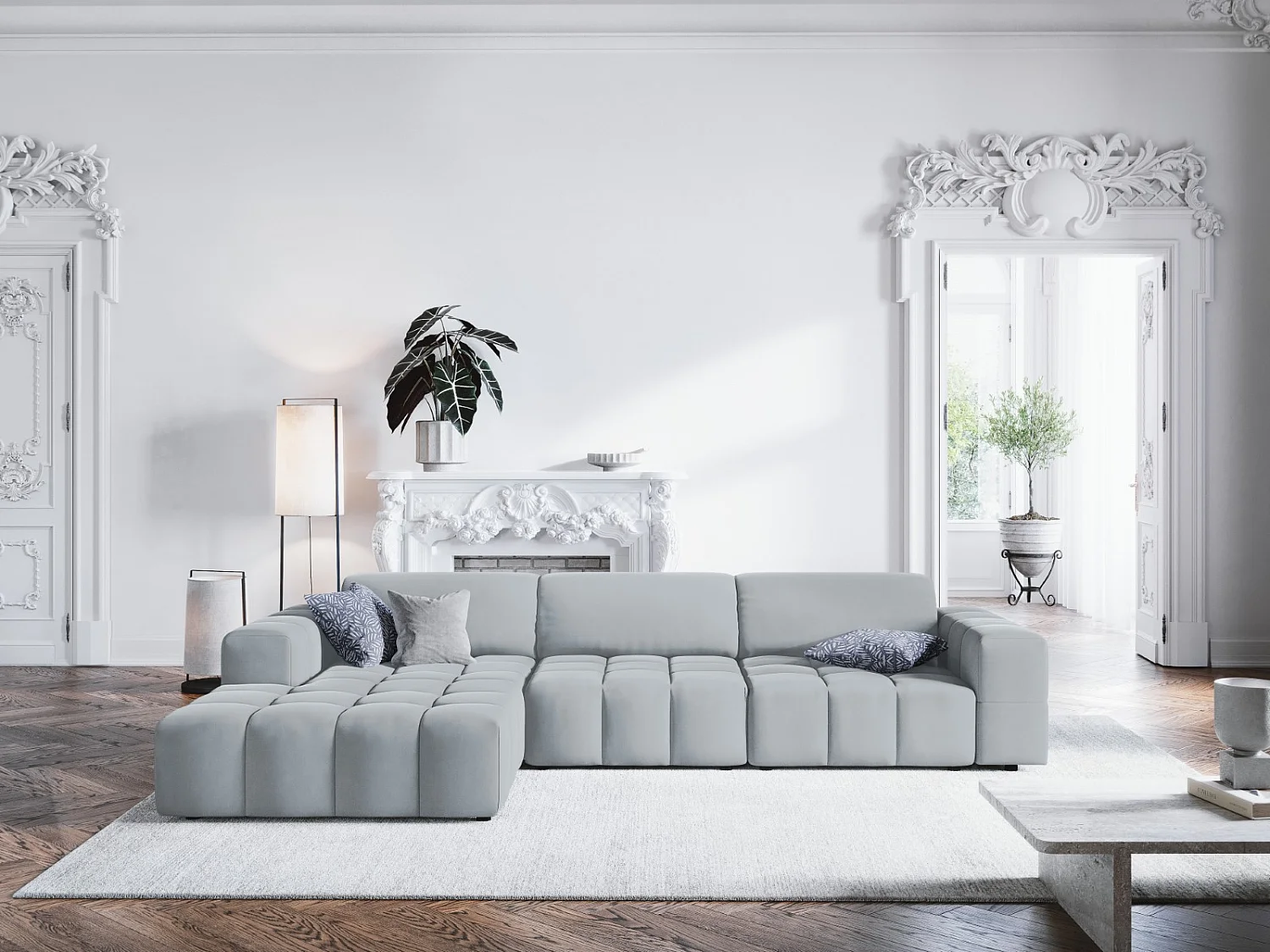 CXL by Christian Lacroix - Linker hoekbank "Luc" 4 zitplaatsen, Flueel, Lichtblauw - 284x166x70cm