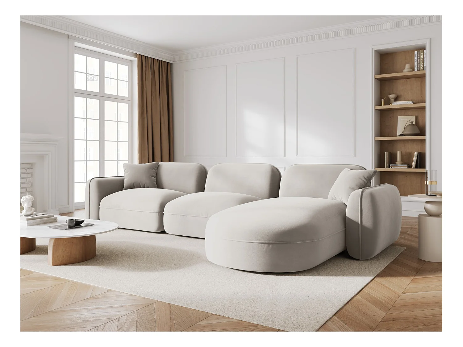 CXL by Christian Lacroix - Canapé d'angle droit modulable "Lucien" 4 places en velours beige clair - 320x165x70cm