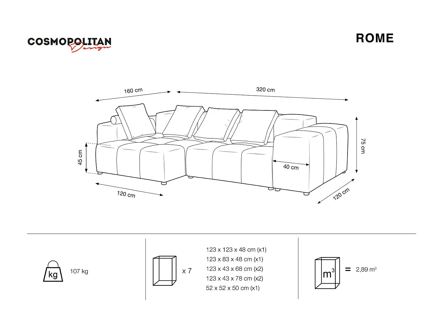 Cosmopolitan Design - Narożnik symetryczny modułowy, "Rome" 4 miejsca welur, róż - 320x160x75cm