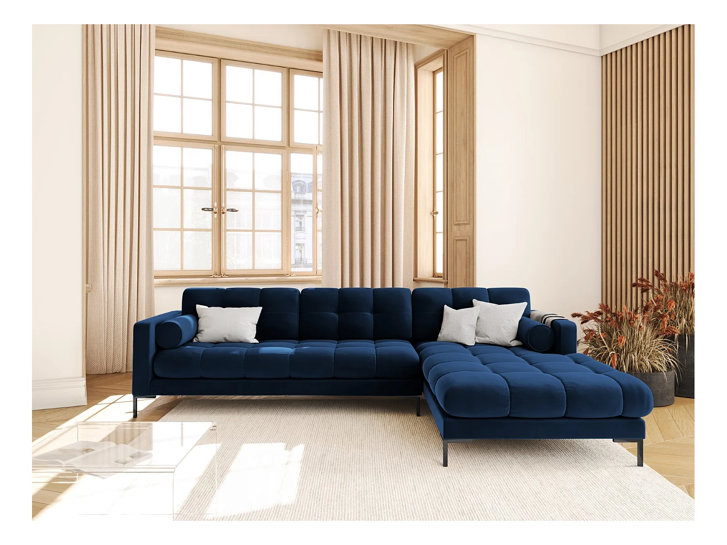 Cosmopolitan Design - Canapé d'angle droit "Bali" 5 places en velours bleu roi - 293x185x75cm