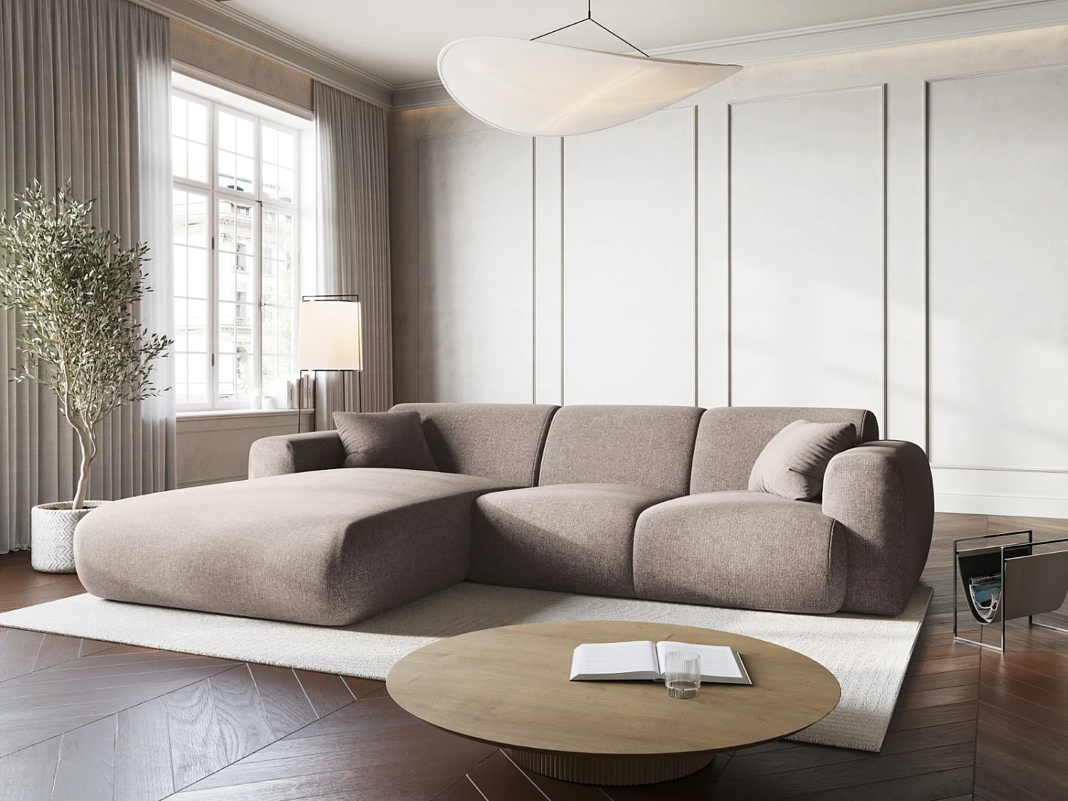 Cosmopolitan Design - Divano angolare sinistro "Nolio" 4 posti in ciniglia beige - 260x170x72cm