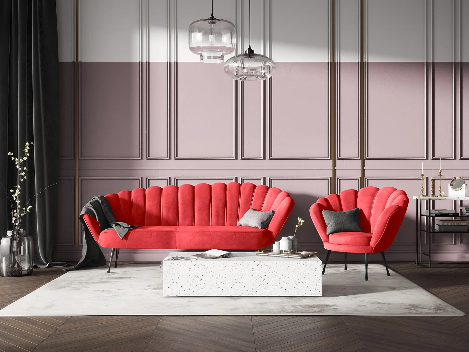 Cosmopolitan Design - Divano "Kingston" 3 posti in velluto rosso - 224x95x85cm