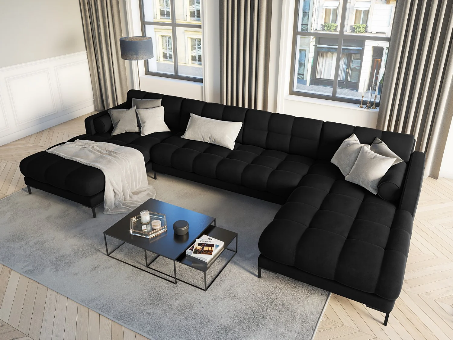 Cosmopolitan Design - Sofa panoramiczna, "Bali" 7 miejsc welur, czarny - 383x185x75cm