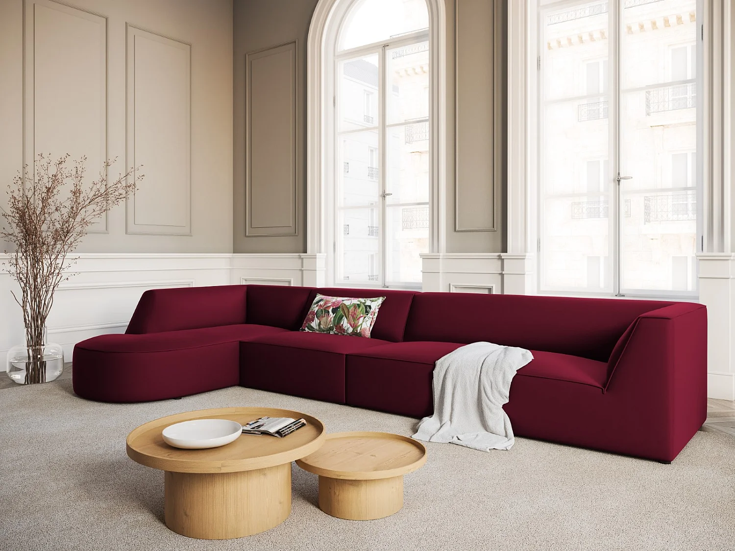 CXL by Christian Lacroix - Sofá de canto esquerdo "Charles" 5 lugares em veludo vermelho - 366x180x69cm