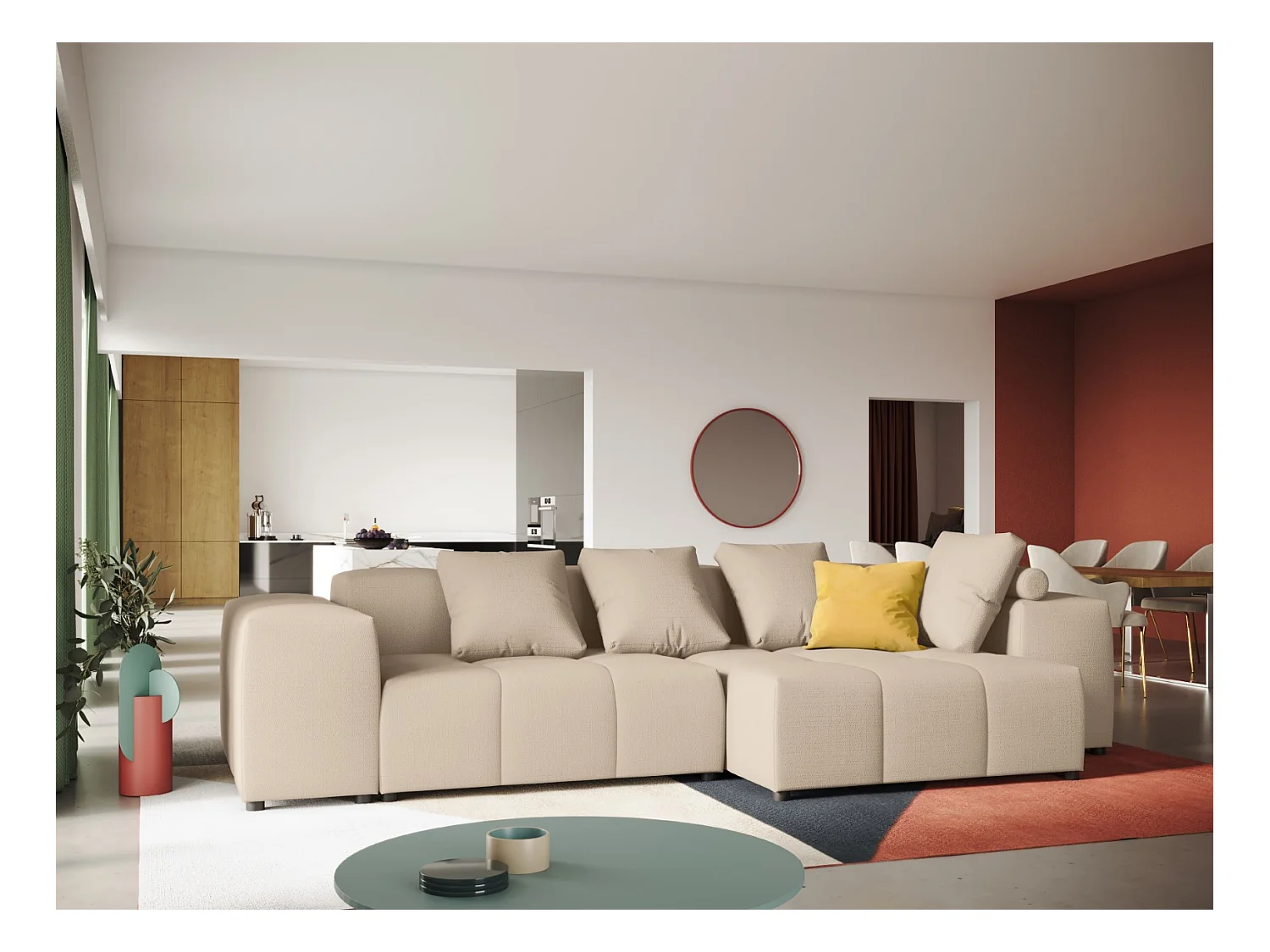 Cosmopolitan Design - Canapé d'angle symétrique modulable "Rome" 4 places en tissu structurel beige - 320x160x75cm