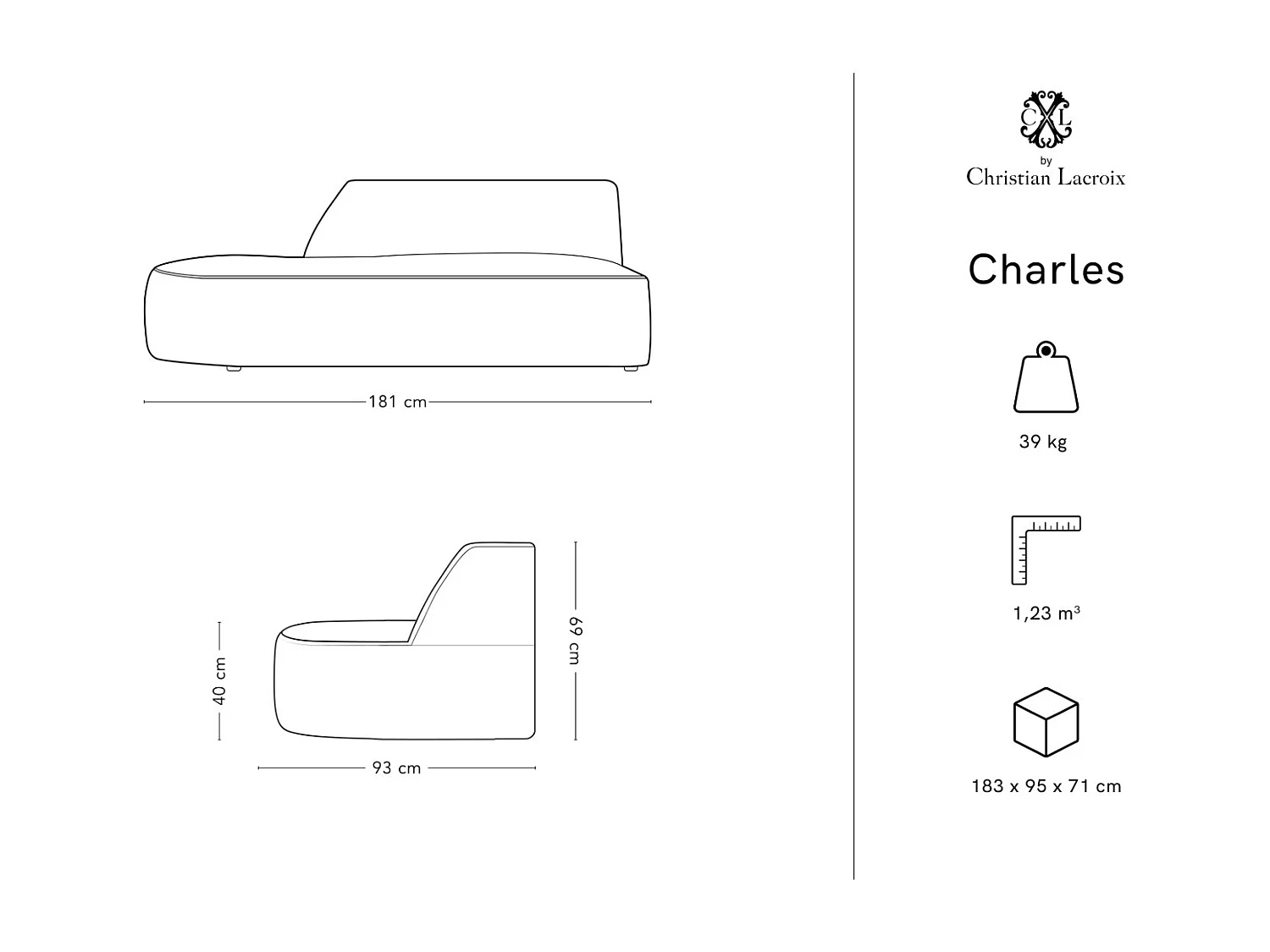 CXL by Christian Lacroix - Sofá modular virado para a esquerda "Charles" 2 lugares em veludo rosa - 181x93x69cm