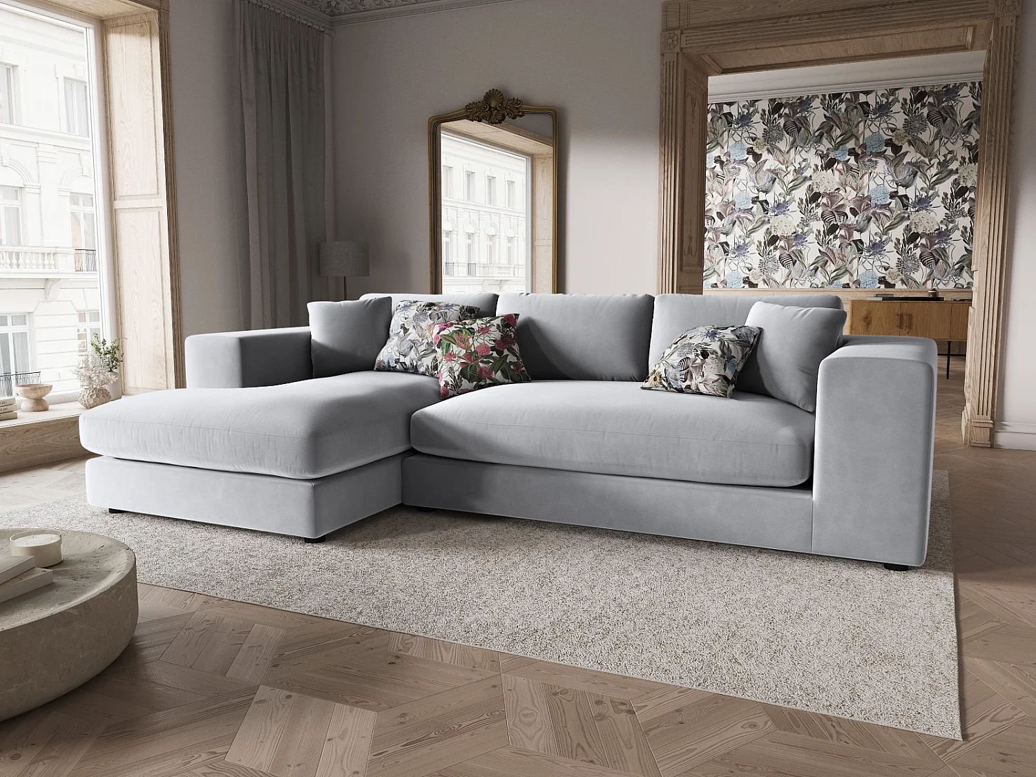 CXL by Christian Lacroix - Canapé d'angle gauche "Tendance" 5 places en velours gris clair - 282x174x72cm