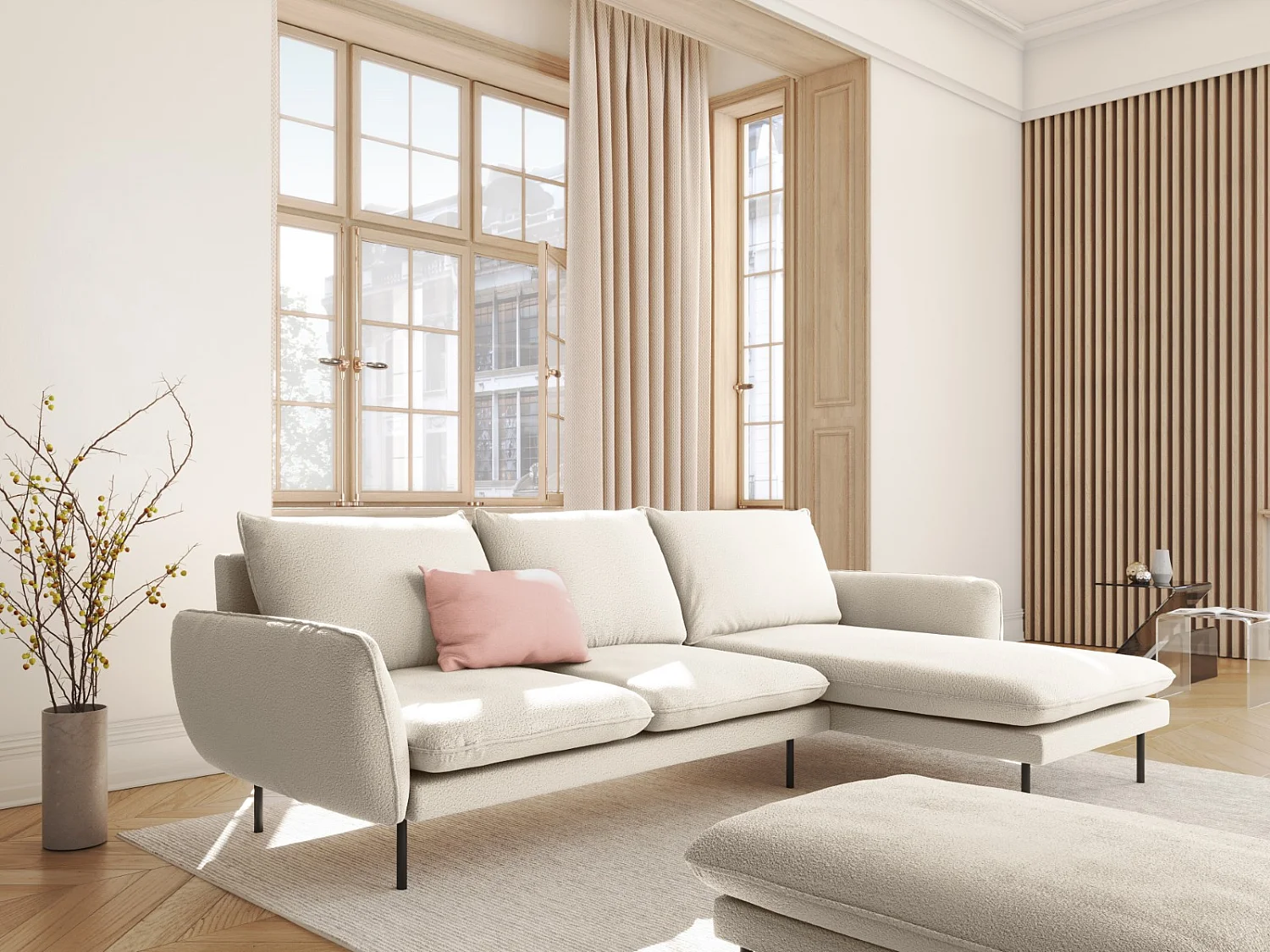 Cosmopolitan Design - Rechter hoekbank "Vienna" 5 zitplaatsen, Boucle, Beige - 255x170x95cm