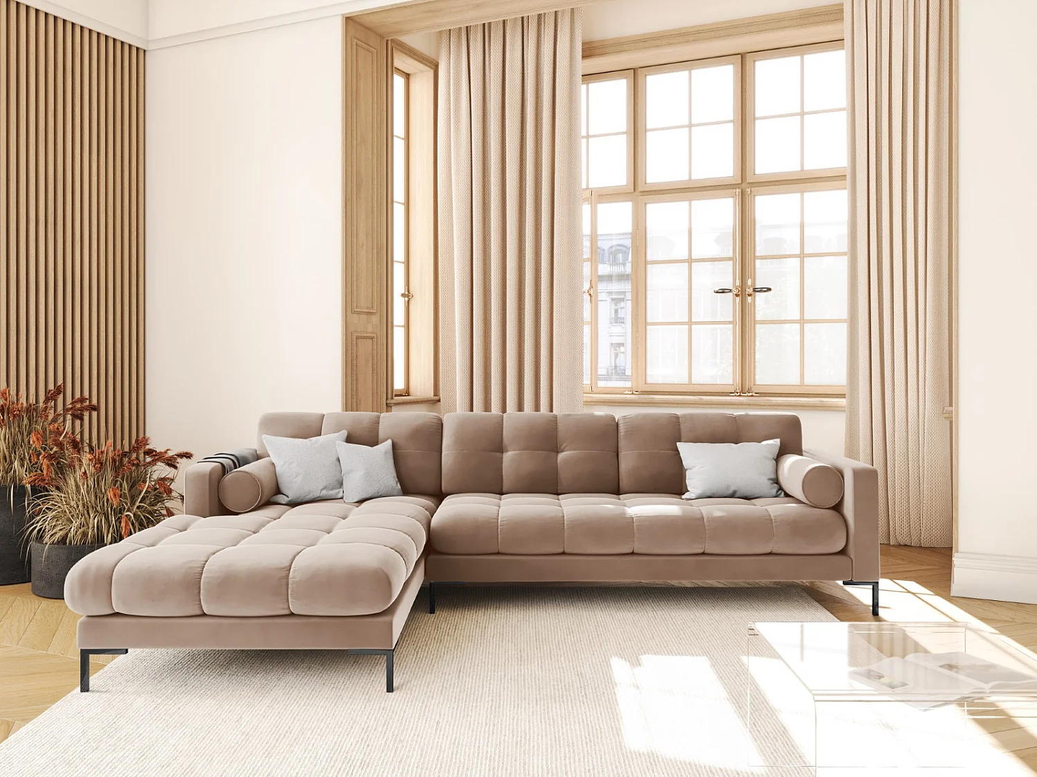 Cosmopolitan Design - Canapé d'angle gauche "Bali" 5 places en velours beige - 293x185x75cm