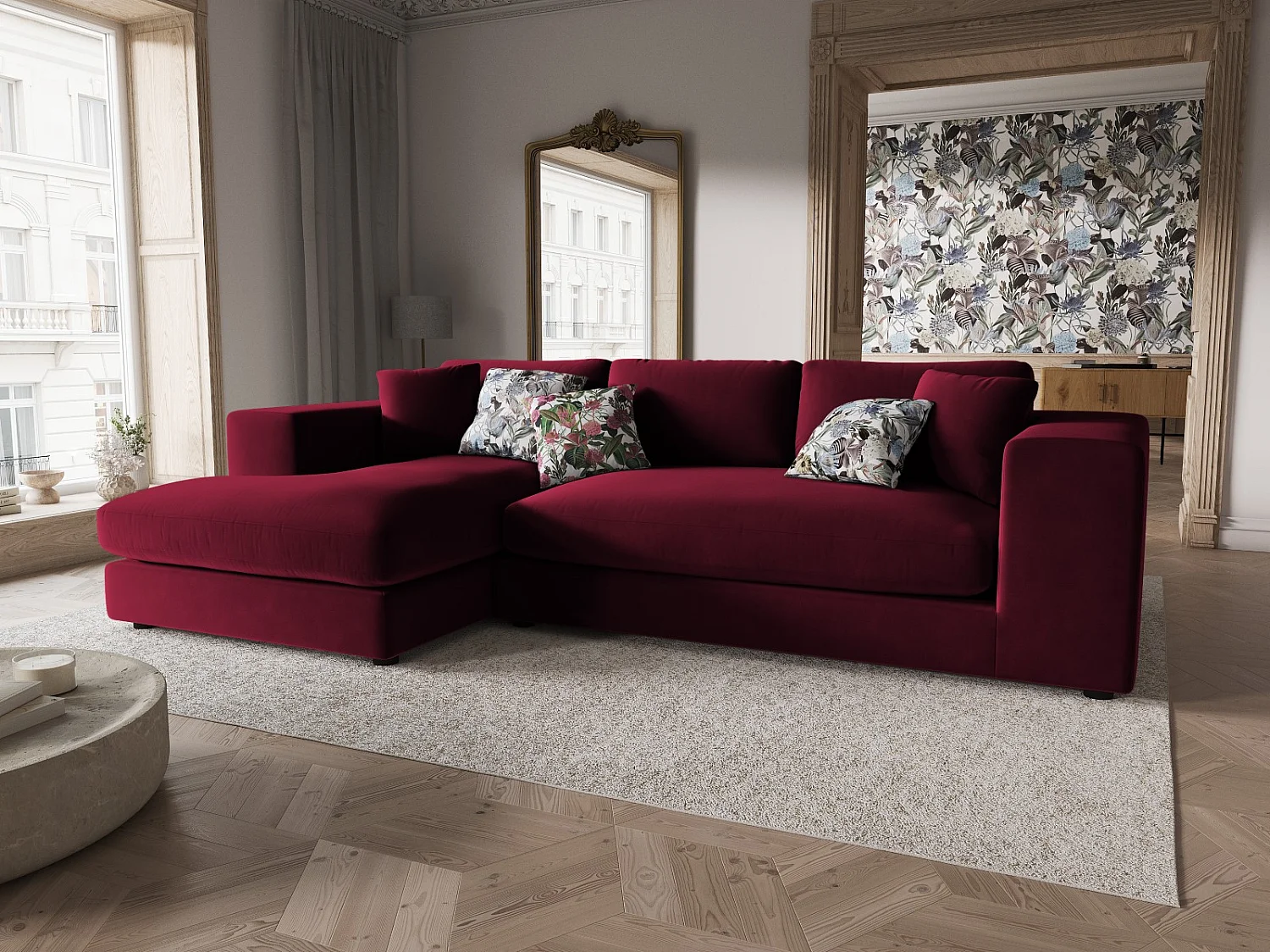 CXL by Christian Lacroix - Sofá de canto esquerdo "Tendance" 5 lugares em veludo vermelho - 282x174x72cm
