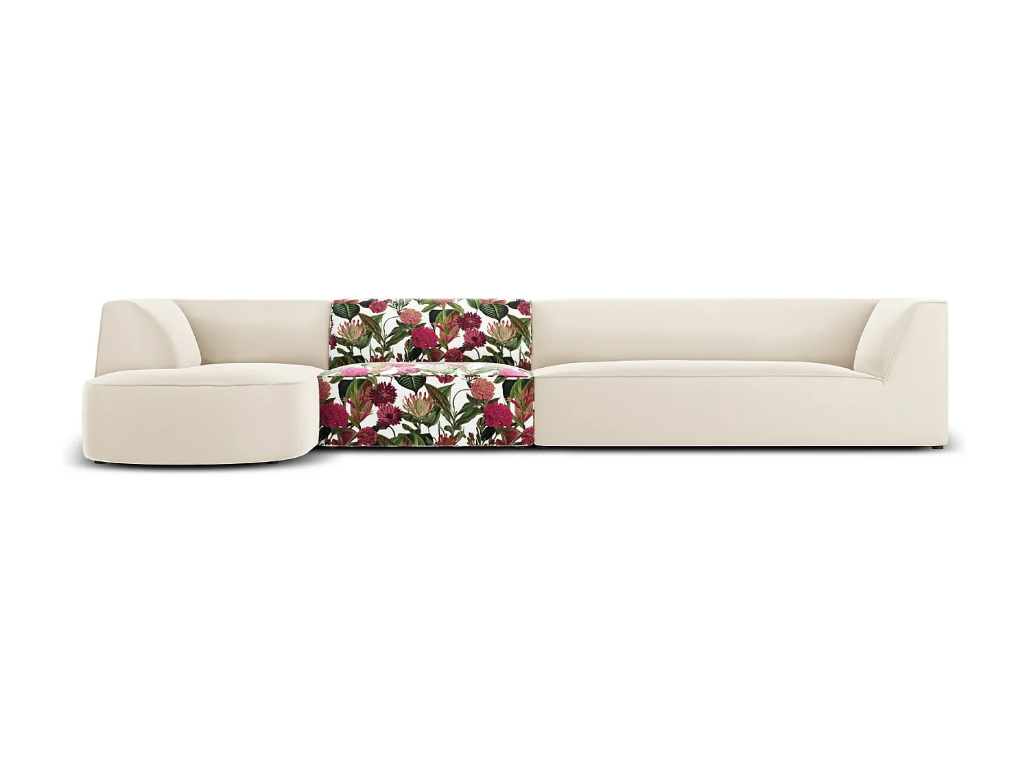 CXL by Christian Lacroix - Canapé d'angle gauche "Charles" 5 places en velours motif de rose de jardin,beige - 366x180x69cm