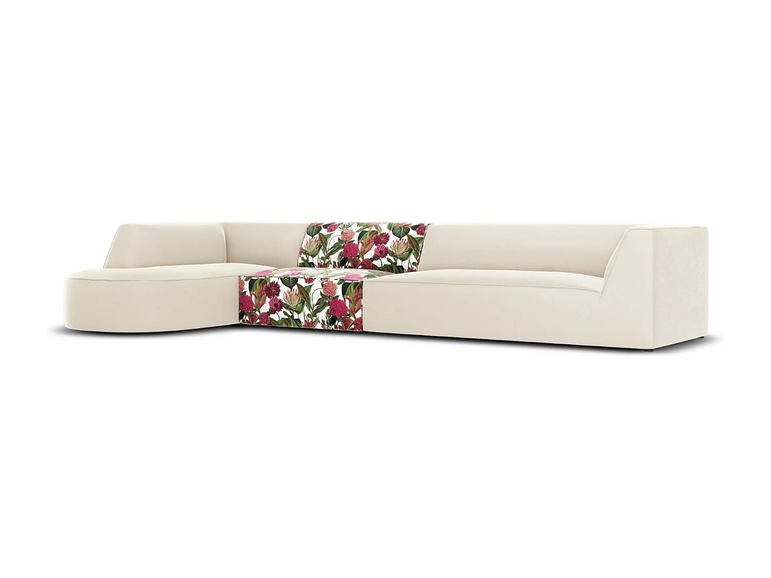 CXL by Christian Lacroix - Canapé d'angle gauche "Charles" 5 places en velours motif de rose de jardin,beige - 366x180x69cm