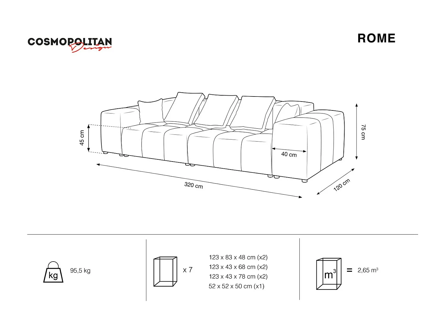 Cosmopolitan Design - Sofá modular "Rome" 3 lugares em veludo amarelo - 320x120x75cm