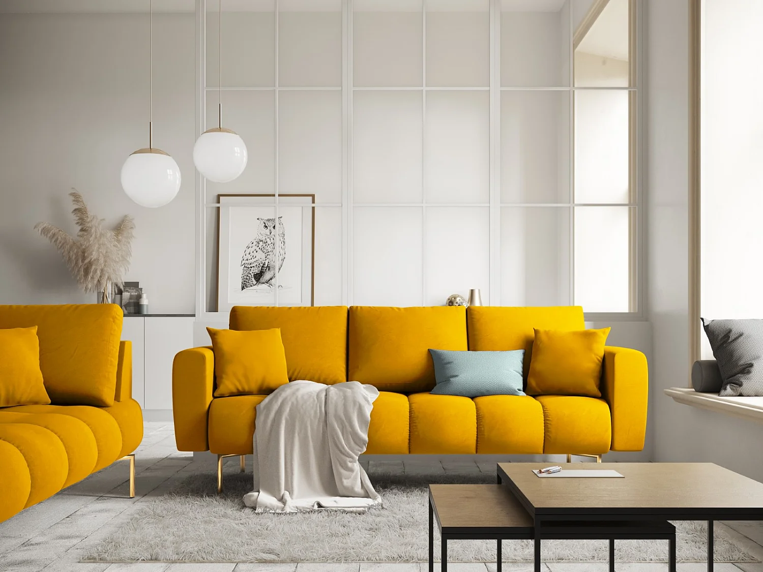 Cosmopolitan Design - Divano "Hastings" 3 posti in velluto giallo - 220x97x75cm