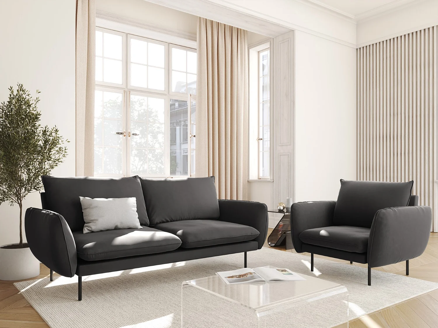 Cosmopolitan Design - 2-Sitzer Sofa "Vienna" aus Samt dunkelgrau - 160x92x95cm