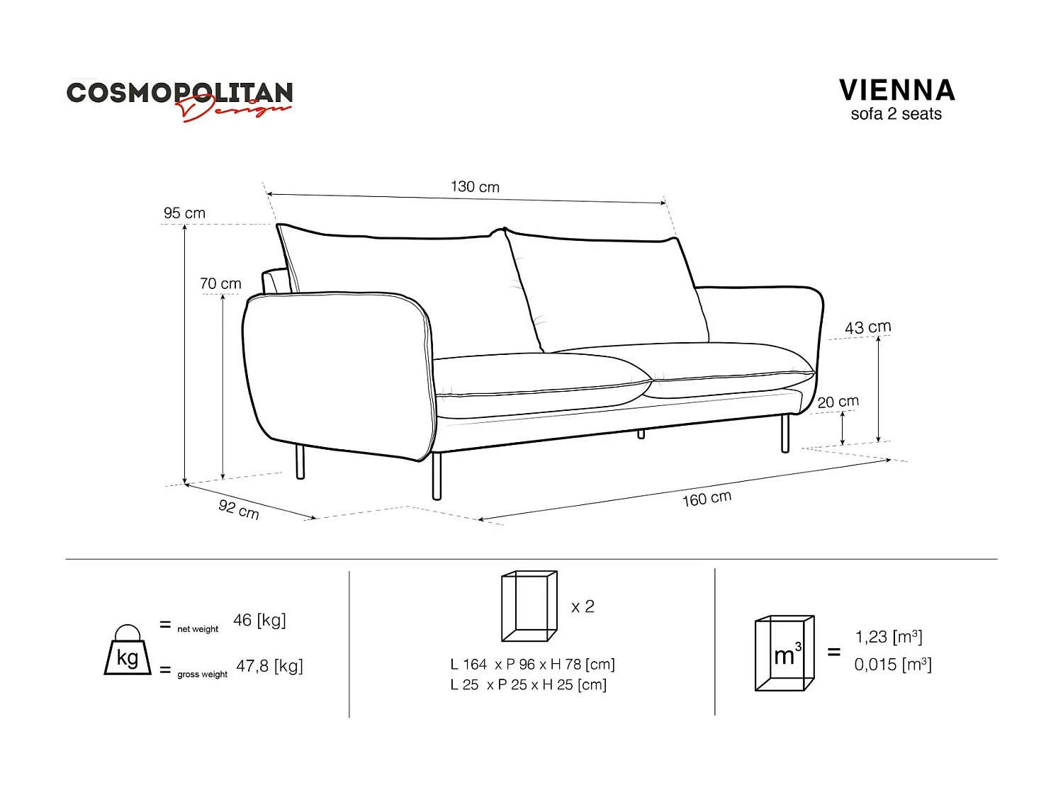 Cosmopolitan Design - Canapé "Vienna" 2 places en velours beige - 160x92x95cm